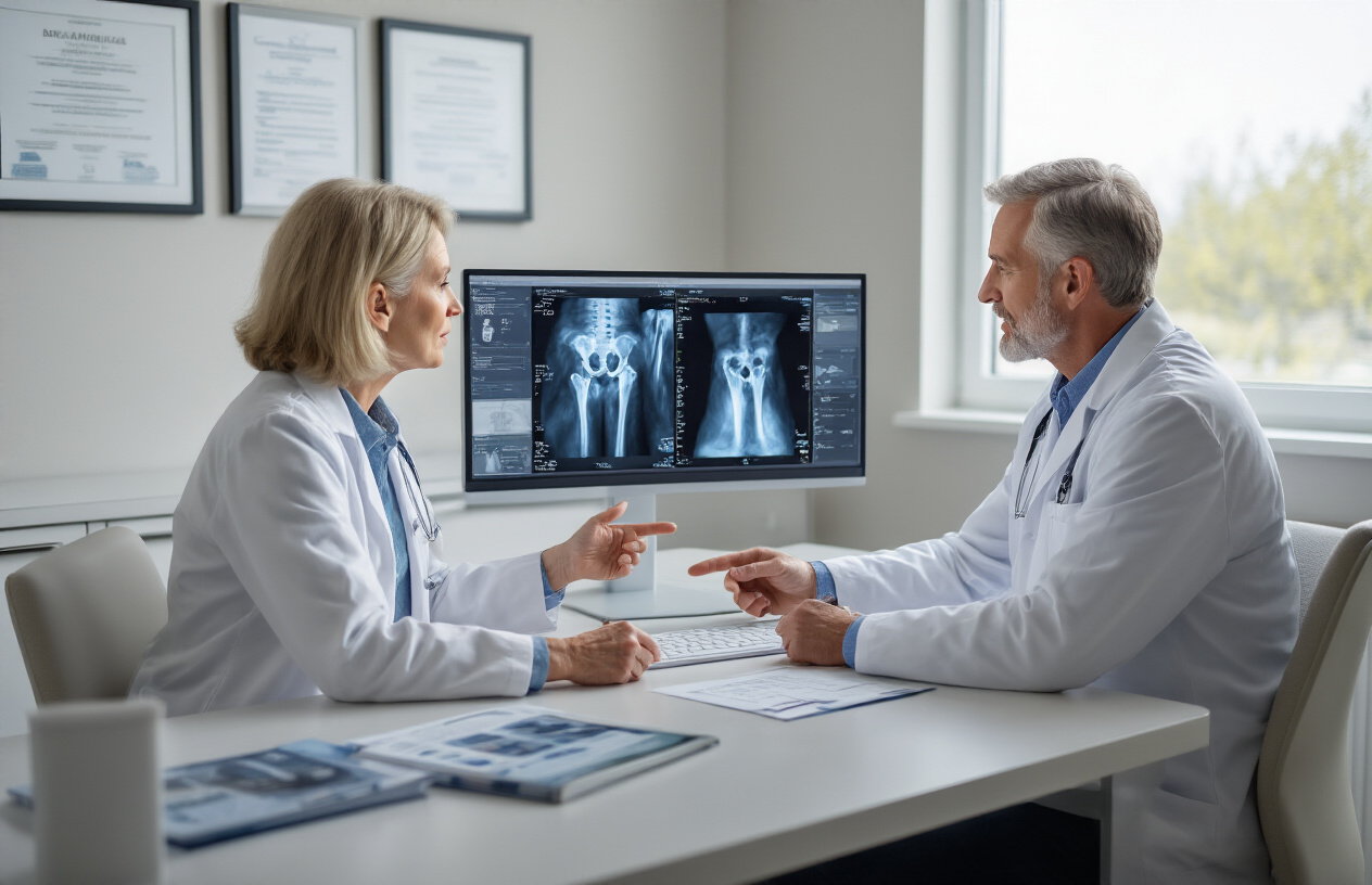 Create a realistic image of a middle-aged white female patient sitting across from a white male doctor in a modern medical office, the doctor pointing to bone density scan results displayed on a computer monitor showing hip/femur X-ray images, both individuals engaged in serious discussion about treatment options, medical charts and educational brochures about osteoporosis visible on the desk, clean clinical environment with medical diplomas on the wall, soft natural lighting from a window, professional healthcare consultation atmosphere, absolutely NO text should be in the scene.