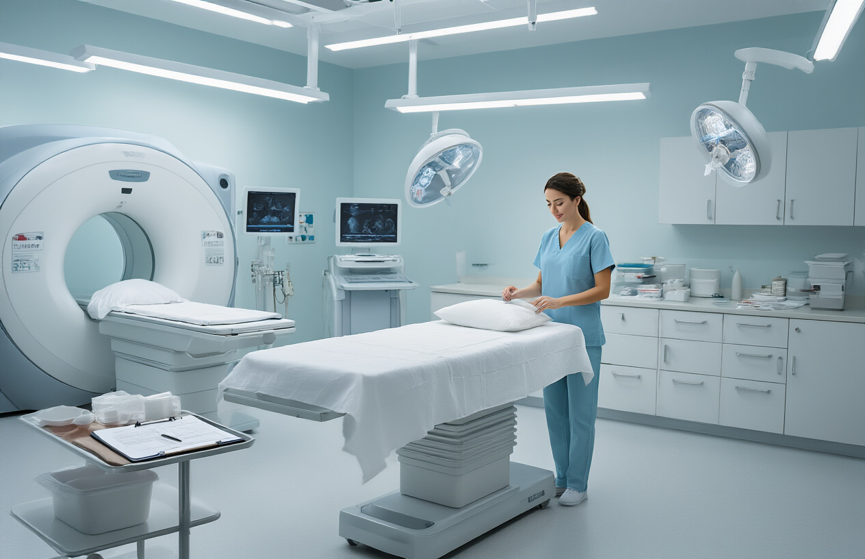 Create a realistic image of a modern medical preparation room with a clean, sterile white and light blue environment, featuring a medical examination table with white linens, medical equipment including MRI-related preparation materials, a clipboard with medical forms on a side table, medical supplies neatly arranged on a counter, soft fluorescent lighting creating a calm and professional atmosphere, and a white female nurse in scrubs organizing preparation materials in the background, with absolutely NO text should be in the scene.