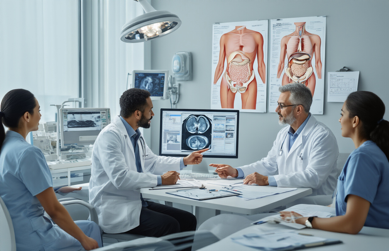 Create a realistic image of a modern medical consultation room with a white male doctor in a white coat sitting at a desk reviewing MRI scan images on a computer monitor, pointing to anatomical diagrams of the pelvic floor on the wall while discussing treatment options with a diverse group of medical professionals including a black female nurse and an Asian male specialist, with medical charts and treatment planning documents spread on the desk, soft professional lighting illuminating the clinical setting with medical equipment visible in the background, conveying a collaborative healthcare environment focused on patient care planning, absolutely NO text should be in the scene.