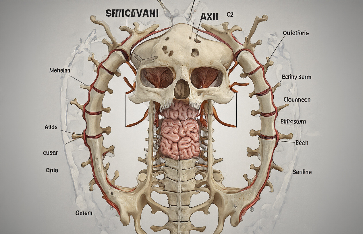 Create a realistic image of a detailed anatomical cross-section showing the cervico-vertebral junction where the skull meets the upper cervical spine, displaying the occipital bone, atlas (C1) and axis (C2) vertebrae in accurate anatomical positioning, with clear visualization of the spinal cord, brainstem transition, and surrounding soft tissues, rendered in medical illustration style with precise anatomical detail and neutral clinical lighting against a clean white background, absolutely NO text should be in the scene.