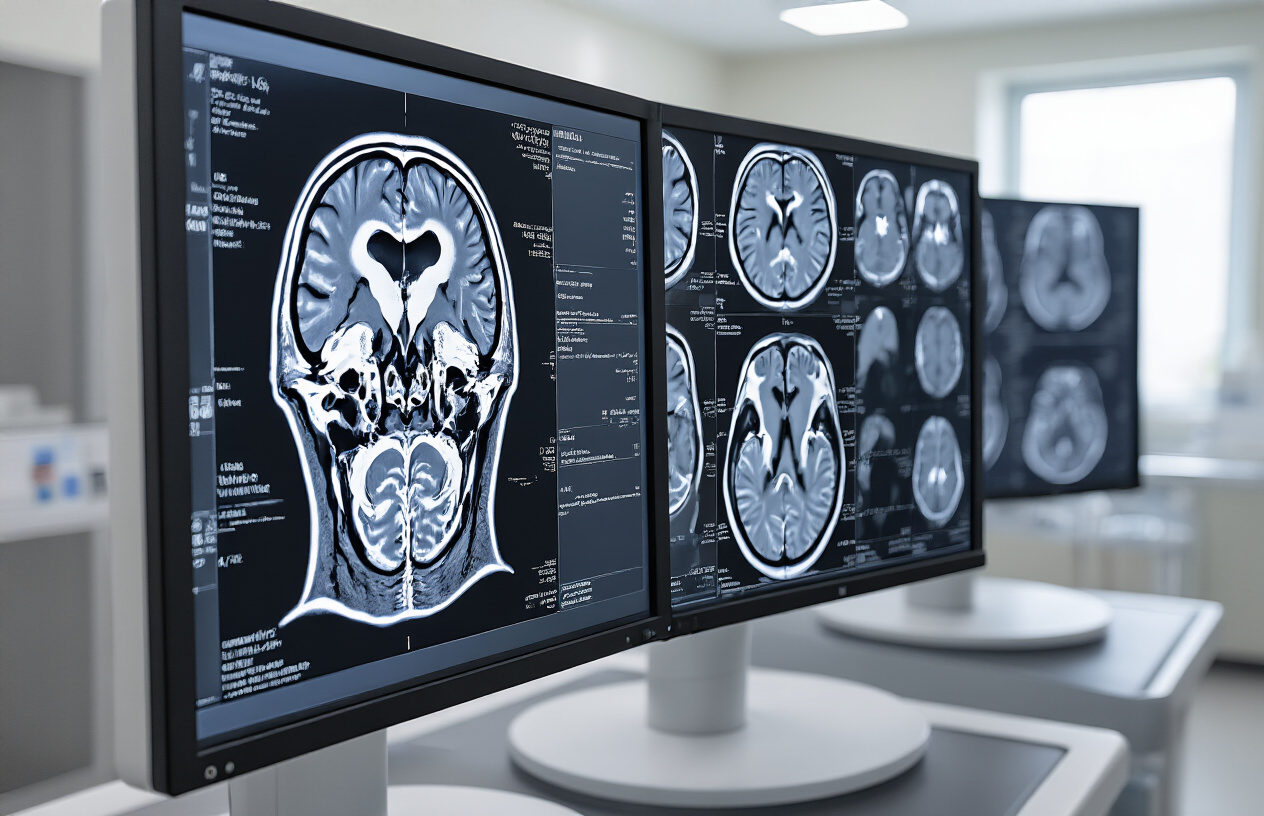 Create a realistic image of multiple MRI brain scan images displayed on high-resolution medical monitors showing detailed views of the craniocervical junction area, with different MRI sequences including T1-weighted, T2-weighted, and FLAIR sequences visible as grayscale medical imaging, professional radiology workstation setup with modern computer monitors in a clean medical environment with soft clinical lighting, absolutely NO text should be in the scene.
