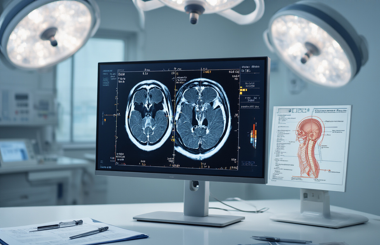 Create a realistic image of a detailed MRI scan of the craniovertebral junction displayed on a high-resolution medical monitor, showing precise anatomical measurements with digital calipers and measurement lines overlaid on the scan, surrounded by medical assessment charts and anatomical reference diagrams on a clean medical desk, with professional medical lighting creating a clinical atmosphere, absolutely NO text should be in the scene.