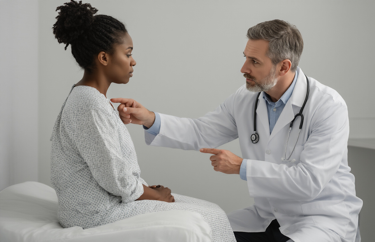 Create a realistic image of a white male doctor in a white coat examining a concerned-looking black female patient sitting on a medical examination table, the doctor is pointing to or touching the back of the patient's neck area where the cervical spine meets the skull, medical examination room setting with clean white walls, soft clinical lighting, stethoscope around doctor's neck, patient wearing a hospital gown, professional medical consultation atmosphere, absolutely NO text should be in the scene.