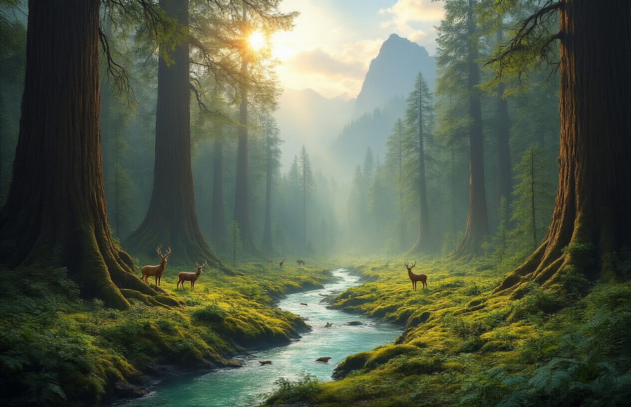 Create a realistic image of a pristine untouched wilderness landscape showing dense old-growth forests stretching to the horizon, with massive ancient trees towering hundreds of feet tall, their thick canopies creating a natural cathedral effect, sunlight filtering through the leaves in golden rays, a crystal-clear river winding through the forest floor covered in thick moss and ferns, diverse wildlife including deer, wolves, and birds visible in their natural habitat, mountains rising in the background shrouded in mist, no signs of human civilization or development anywhere, vibrant green vegetation thriving in complete harmony, dramatic natural lighting with warm morning sunbeams, conveying a sense of pure untamed nature flourishing without any human interference, absolutely NO text should be in the scene.