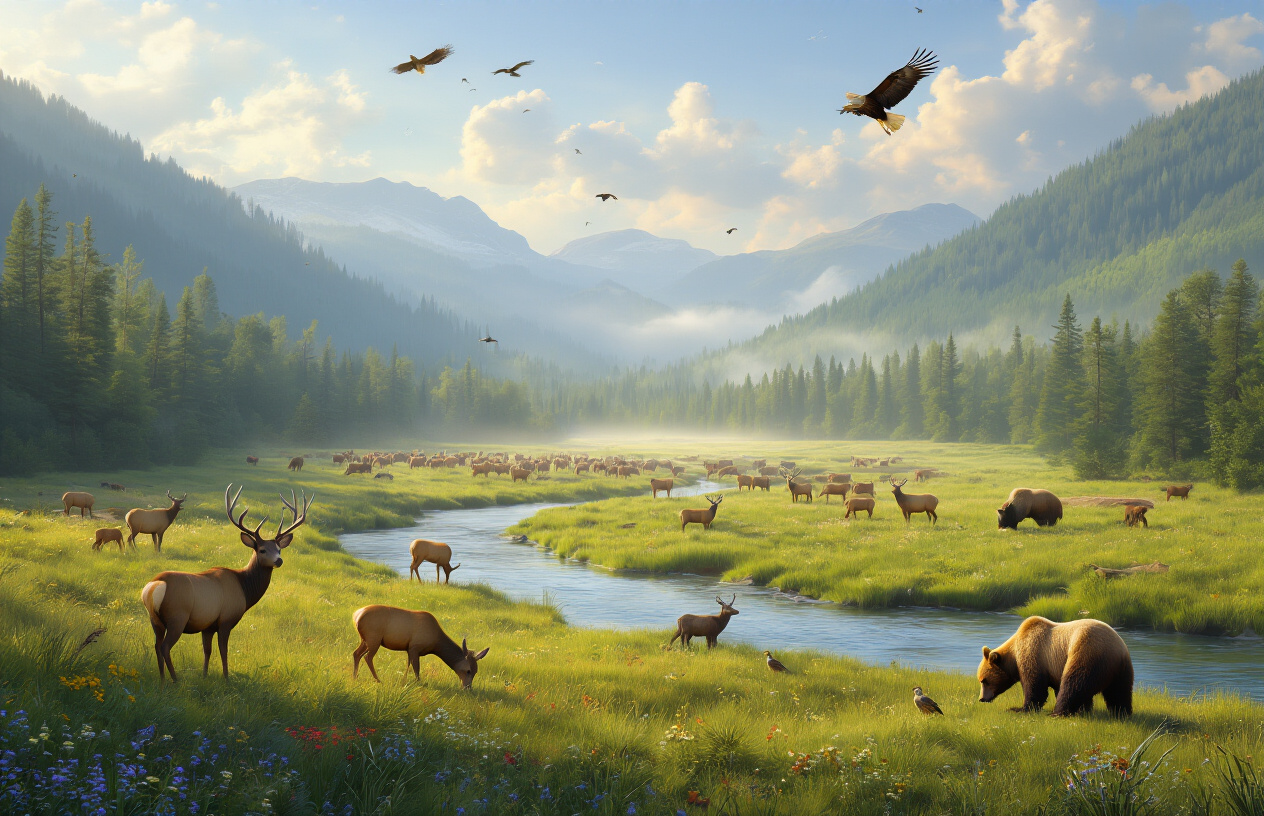 Create a realistic image of a vast wilderness landscape with thriving wildlife populations, featuring large herds of deer and elk grazing in lush green meadows, a family of bears foraging near a pristine river, various bird species soaring overhead including eagles and hawks, dense untouched forests covering rolling hills in the background, crystal clear streams flowing through the scene, vibrant wildflowers scattered throughout the grasslands, golden sunlight filtering through morning mist creating a serene and peaceful atmosphere, absolutely NO text should be in the scene.