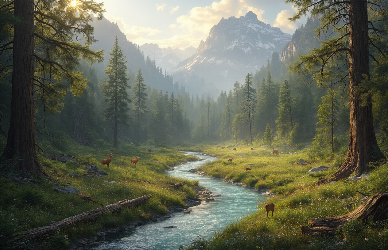 Create a realistic image of a pristine wilderness landscape untouched by human civilization, featuring dense old-growth forests with massive ancient trees, meandering wild rivers with crystal clear water, rolling hills covered in native vegetation, diverse wildlife including deer, birds, and small mammals roaming freely, dramatic mountain peaks in the background, natural rock formations, fallen logs creating natural bridges, wildflowers blooming in meadows, misty morning atmosphere with soft golden sunlight filtering through the forest canopy, no signs of human presence whatsoever, absolutely NO text should be in the scene.