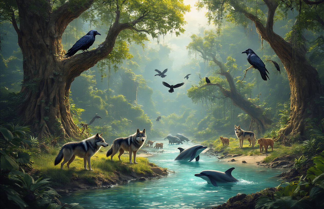Create a realistic image of a lush prehistoric landscape showing various animals in enhanced evolutionary forms, featuring a pack of highly intelligent wolves with enlarged craniums leading coordinated hunts, giant ravens with intricate feather patterns perched on ancient trees displaying problem-solving behaviors with tools, and dolphins in a crystal-clear coastal area showing advanced social structures, all set in a vibrant primordial world with dense forests, flowing rivers, and dramatic lighting filtering through the canopy, absolutely NO text should be in the scene.
