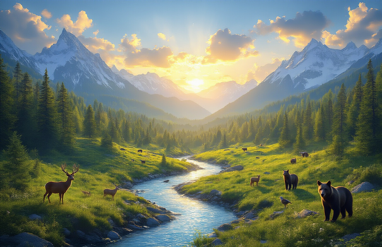 Create a realistic image of a thriving Earth ecosystem with pristine forests, crystal-clear rivers, and abundant wildlife including deer, wolves, bears, and various bird species roaming freely across untouched landscapes, with snow-capped mountains in the background, vibrant green vegetation covering rolling hills, clean blue skies with natural cloud formations, and a golden sunset casting warm light over the entire scene, showing nature operating in perfect balance without any human interference or structures, captured in natural lighting that emphasizes the planet's full ecological potential, absolutely NO text should be in the scene.