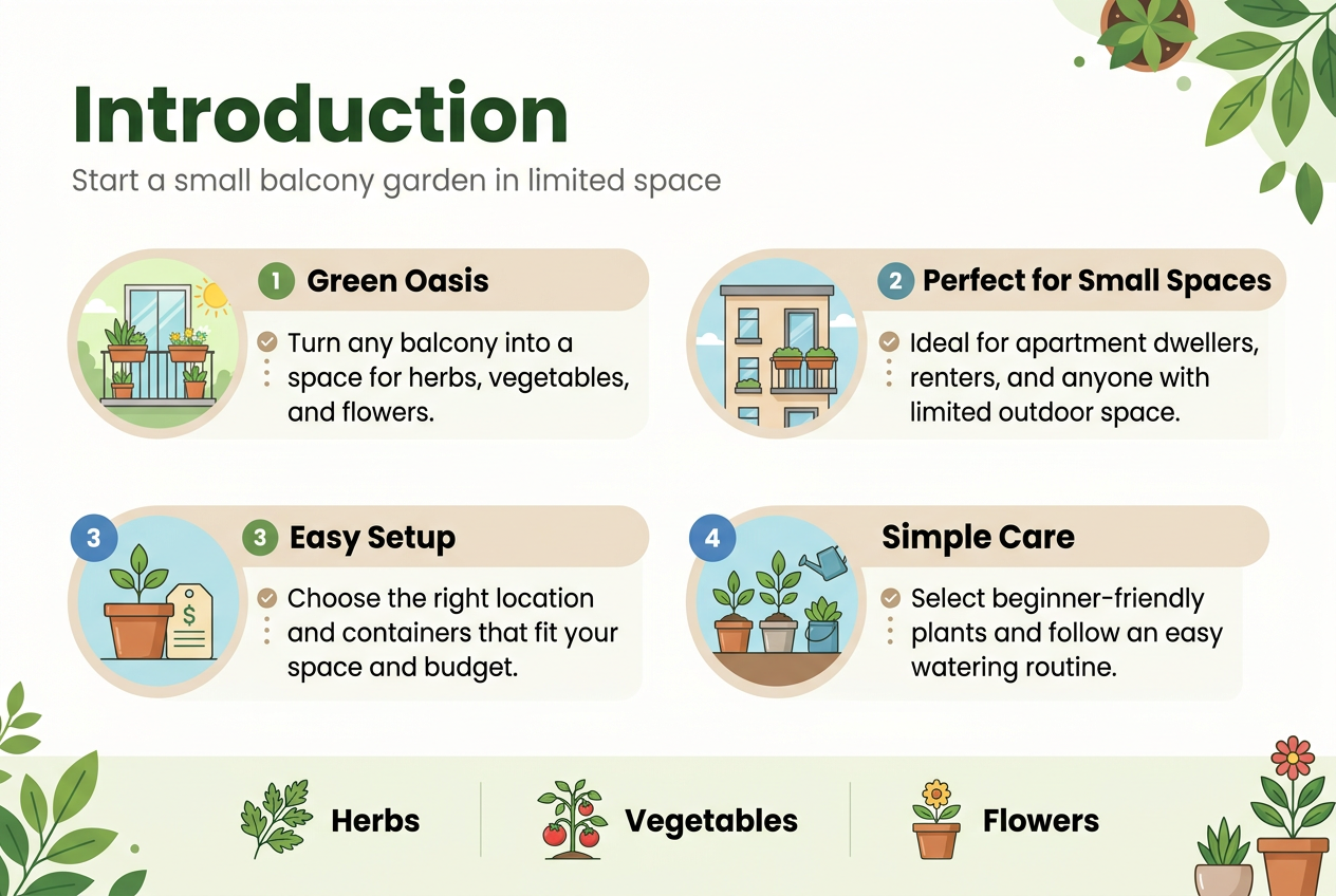 Aspect ratio 3:2, full-bleed infographic illustration with a clean modern flat design, bright natural colors, soft greens, warm neutrals, and subtle blue accents. Wide horizontal layout with no frame, no poster border, no centered vertical stack.
Top left: large bold heading text in dark green, "Introduction". Under it, a short subtitle in smaller gray text: "Start a small balcony garden in limited space".
Across the middle, arrange 4 wide horizontal content blocks in a two-column grid with clear spacing, each block with a colored circular icon and a numbered label:
1. Left block: icon of a balcony with potted plants and sunlight, heading text "Green Oasis", body text "Turn any balcony into a space for herbs, vegetables, and flowers."
2. Right block: icon of an apartment building with a balcony and planter boxes, heading text "Perfect for Small Spaces", body text "Ideal for apartment dwellers, renters, and anyone with limited outdoor space."
3. Bottom left block: icon of a plant pot, seedling, and simple budget tag, heading text "Easy Setup", body text "Choose the right location and containers that fit your space and budget."
4. Bottom right block: icon of three beginner plants in containers with a watering can, heading text "Simple Care", body text "Select beginner-friendly plants and follow an easy watering routine."
Include a small visual strip along the bottom with three icons and labels spaced evenly: herb sprig labeled "Herbs", tomato plant labeled "Vegetables", flower pot labeled "Flowers".
Use clean sans-serif fonts with strong hierarchy: bold dark green headings, medium-weight black body text, subtle gray secondary text. Add small checkmarks or dot markers next to each body line. Keep the layout balanced, airy, and professional, with botanical accents like leaves and small pots in corners.