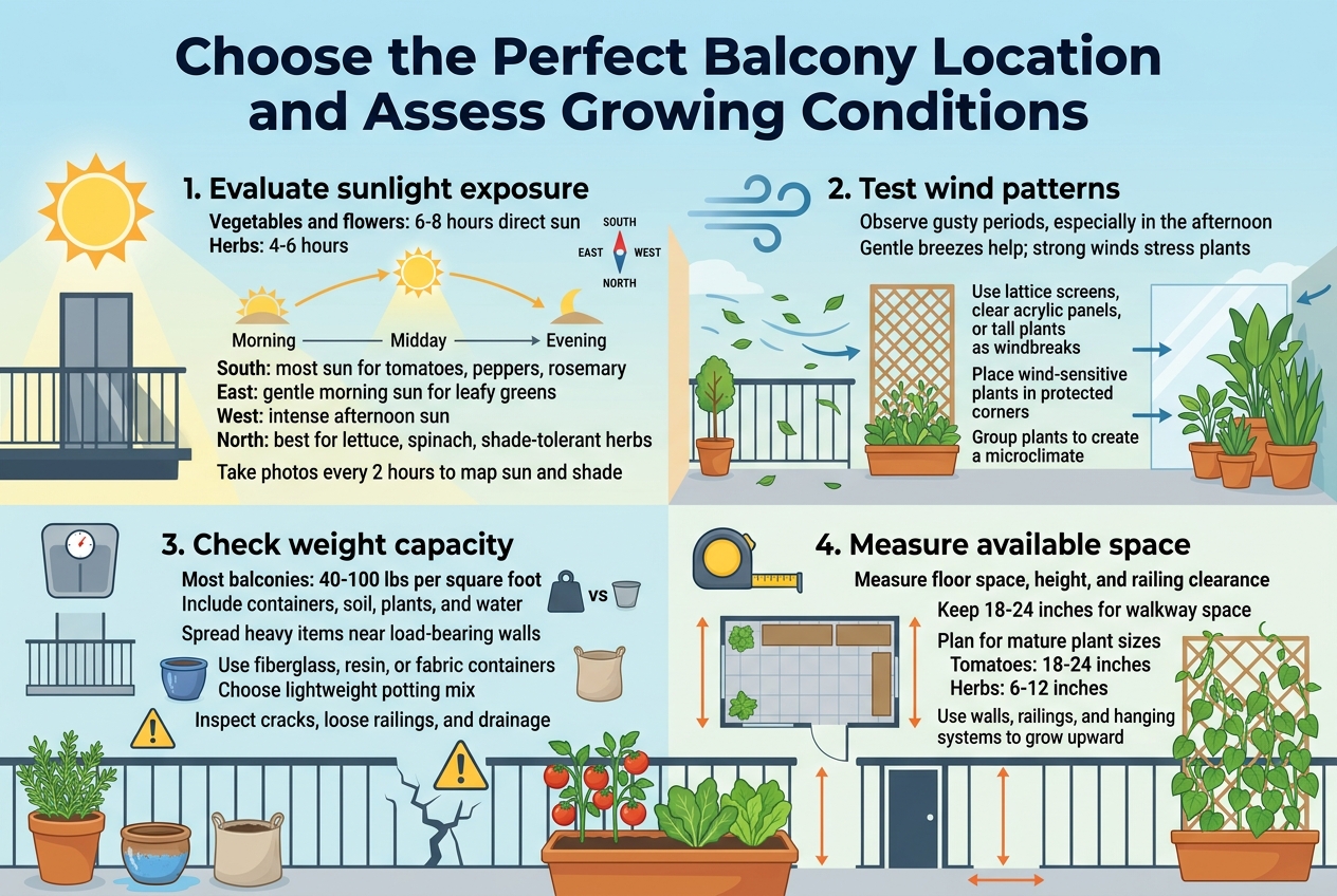 Create a clean professional wide infographic illustration in aspect ratio 3:2 with a full-bleed layout, no frame, no inset margins, using a modern flat vector style with subtle gradients. Use a bright natural palette of sky blue, солнечный yellow, leaf green, warm orange, and light gray. Use bold sans-serif typography with a clear hierarchy.
Top center: large bold title in dark navy text:
"Choose the Perfect Balcony Location and Assess Growing Conditions"
Below the title, arrange four wide horizontal content sections in a 2x2 grid with illustrated icons and concise text blocks.
Section 1, top left: sunlight evaluation.
Include a large sun icon, a balcony silhouette, and a sun-path timeline with morning, midday, and evening light. Show shadow patterns moving across the balcony. Add a small compass with SOUTH, EAST, WEST, NORTH labels.
Text:
"1. Evaluate sunlight exposure"
"Vegetables and flowers: 6-8 hours direct sun"
"Herbs: 4-6 hours"
"South: most sun for tomatoes, peppers, rosemary"
"East: gentle morning sun for leafy greens"
"West: intense afternoon sun"
"North: best for lettuce, spinach, shade-tolerant herbs"
"Take photos every 2 hours to map sun and shade"
Section 2, top right: wind patterns and windbreaks.
Include a gusting wind arrow graphic, a balcony scene with moving leaves, a trellis, acrylic panel, and grouped potted plants. Use small arrows showing wind direction and a protected corner behind taller plants.
Text:
"2. Test wind patterns"
"Observe gusty periods, especially in the afternoon"
"Gentle breezes help; strong winds stress plants"
"Use lattice screens, clear acrylic panels, or tall plants as windbreaks"
"Place wind-sensitive plants in protected corners"
"Group plants to create a microclimate"
Section 3, bottom left: weight capacity and safety.
Include a scale icon, a balcony support diagram, heavy pot versus lightweight pot icons, and a warning triangle near cracks/railing. Show a wet ceramic pot and a lighter fabric pot.
Text:
"3. Check weight capacity"
"Most balconies: 40-100 lbs per square foot"
"Include containers, soil, plants, and water"
"Spread heavy items near load-bearing walls"
"Use fiberglass, resin, or fabric containers"
"Choose lightweight potting mix"
"Inspect cracks, loose railings, and drainage"
Section 4, bottom right: measure available space.
Include a tape measure, a top-down balcony floor plan, vertical arrows for height, railing, door, walkway space, and plant spacing markers. Show trellised vines growing upward.
Text:
"4. Measure available space"
"Measure floor space, height, and railing clearance"
"Keep 18-24 inches for walkway space"
"Plan for mature plant sizes"
"Tomatoes: 18-24 inches"
"Herbs: 6-12 inches"
"Use walls, railings, and hanging systems to grow upward"
Add a subtle illustrated balcony garden scene running along the bottom edge connecting the four sections, with potted herbs, tomatoes, leafy greens, and climbing beans. Use small labeled icons for sun, wind, weight, and ruler near each section. Keep the composition balanced, spacious, and easy to read with strong visual hierarchy.