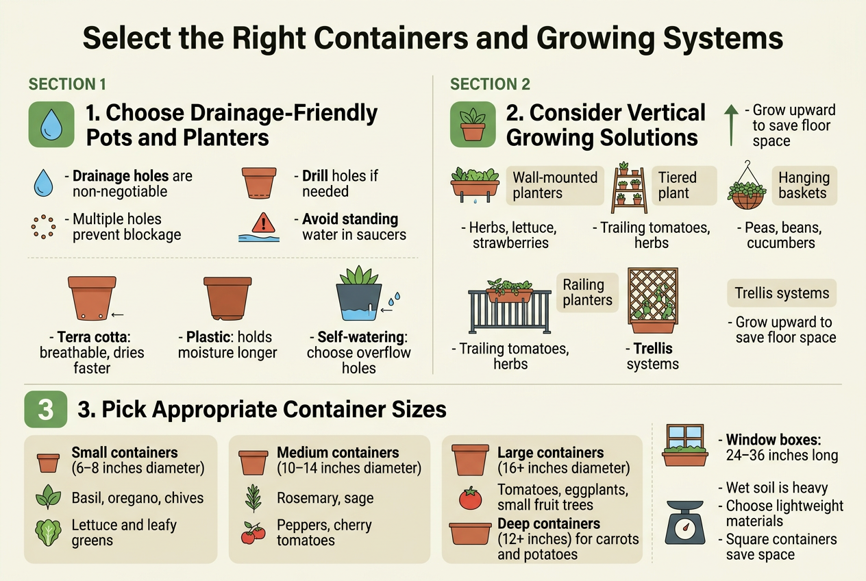 Create a clean professional infographic illustration in a 3:2 aspect ratio, full-bleed with no border, using a modern flat design, light cream background, green and terracotta accents, dark charcoal text, and clear sans-serif fonts.
Top center large bold heading: "Select the Right Containers and Growing Systems"
Below the title, organize the content into three wide horizontal sections with numbered labels and simple icons, using a balanced multi-column layout across the page.
SECTION 1 on the upper left and center:
Title in bold: "1. Choose Drainage-Friendly Pots and Planters"
Include a blue water droplet icon, a terracotta pot icon, and a small warning symbol near standing water.
Show four compact bullet callouts with small icons:
- "Drainage holes are non-negotiable"
- "Multiple holes prevent blockage"
- "Drill holes if needed"
- "Avoid standing water in saucers"
Add small visual examples of a terra cotta pot, a plastic pot, and a self-watering planter with an overflow hole, labeled:
- "Terra cotta: breathable, dries faster"
- "Plastic: holds moisture longer"
- "Self-watering: choose overflow holes"
SECTION 2 on the upper right:
Title in bold: "2. Consider Vertical Growing Solutions"
Use icons and mini illustrations of a wall planter, tiered shelf, hanging basket, railing planter, and trellis.
Place short label boxes beside each:
- "Wall-mounted planters"
- "Tiered plant stands"
- "Hanging baskets"
- "Railing planters"
- "Trellis systems"
Include a small upward arrow and the phrase:
- "Grow upward to save floor space"
Add tiny plant labels under the visuals:
- "Herbs, lettuce, strawberries"
- "Trailing tomatoes, herbs"
- "Peas, beans, cucumbers"
SECTION 3 across the bottom in three compact size cards:
Title in bold: "3. Pick Appropriate Container Sizes"
Create three side-by-side cards with container icons and size labels:
Card 1:
- "Small containers (6–8 inches diameter)"
- "Basil, oregano, chives"
- "Lettuce and leafy greens"
Card 2:
- "Medium containers (10–14 inches diameter)"
- "Rosemary, sage"
- "Peppers, cherry tomatoes"
Card 3:
- "Large containers (16+ inches diameter)"
- "Tomatoes, eggplants, small fruit trees"
- "Deep containers (12+ inches) for carrots and potatoes"
Add a small window box icon with the label:
- "Window boxes: 24–36 inches long"
Add a weight scale icon with these short notes:
- "Wet soil is heavy"
- "Choose lightweight materials"
- "Square containers save space"
Use clear visual hierarchy with bold section titles, concise body text, small pictograms, and neat spacing. Keep all text exactly as written above.
