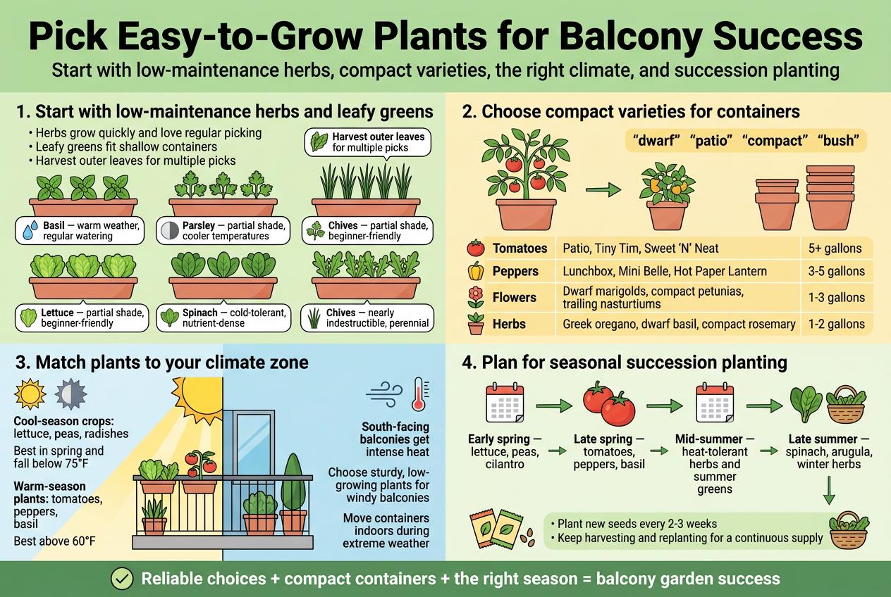 Create a clean, modern infographic illustration in a 3:2 landscape aspect ratio, full-bleed layout, no frame or inset margins. Use a bright balcony-garden color palette with fresh greens, warm yellow accents, soft terracotta, and sky blue. Use bold sans-serif fonts for headings and smaller readable sans-serif body text.
Top header across the full width:
Large bold title text: "Pick Easy-to-Grow Plants for Balcony Success"
Subheading beneath in smaller text: "Start with low-maintenance herbs, compact varieties, the right climate, and succession planting"
Main layout: four wide horizontal content blocks arranged in a 2x2 grid across the page, with clear icons and clean spacing.
SECTION 1, top-left:
Heading text: "1. Start with low-maintenance herbs and leafy greens"
Visual: small balcony planter boxes with basil, parsley, cilantro, chives, lettuce, spinach, and arugula. Use simple plant icons and leafy illustrations.
Include short bullet text:
"Herbs grow quickly and love regular picking"
"Leafy greens fit shallow containers"
"Harvest outer leaves for multiple picks"
Small labeled callouts with icons:
"Basil — warm weather, regular watering"
"Parsley — partial shade, cooler temperatures"
"Lettuce — partial shade, beginner-friendly"
"Spinach — cold-tolerant, nutrient-dense"
"Chives — nearly indestructible, perennial"
SECTION 2, top-right:
Heading text: "2. Choose compact varieties for containers"
Visual: comparison of oversized garden plant vs compact container plant, plus stacked pots labeled by size.
Include a small label strip with words in quotes:
"“dwarf” “patio” “compact” “bush”"
Add a neat table-style block with three columns and exact text:
"Tomatoes | Patio, Tiny Tim, Sweet 'N' Neat | 5+ gallons"
"Peppers | Lunchbox, Mini Belle, Hot Paper Lantern | 3-5 gallons"
"Flowers | Dwarf marigolds, compact petunias, trailing nasturtiums | 1-3 gallons"
"Herbs | Greek oregano, dwarf basil, compact rosemary | 1-2 gallons"
Add small icons for tomato, pepper, flower, and herb pot.
SECTION 3, bottom-left:
Heading text: "3. Match plants to your climate zone"
Visual: split panel with sun, shade, wind, and thermometer icons. Show a south-facing balcony with bright sun and a north-facing cooler balcony.
Include concise text blocks:
"Cool-season crops: lettuce, peas, radishes"
"Best in spring and fall below 75°F"
"Warm-season plants: tomatoes, peppers, basil"
"Best above 60°F"
"South-facing balconies get intense heat"
"North-facing balconies stay cooler"
"Choose sturdy, low-growing plants for windy balconies"
"Move containers indoors during extreme weather"
SECTION 4, bottom-right:
Heading text: "4. Plan for seasonal succession planting"
Visual: a simple planting calendar timeline with arrows moving left to right, small seed packets, and repeated harvest icons.
Include exact timeline labels:
"Early spring — lettuce, peas, cilantro"
"Late spring — tomatoes, peppers, basil"
"Mid-summer — heat-tolerant herbs and summer greens"
"Late summer — spinach, arugula, winter herbs"
Add a smaller text box:
"Plant new seeds every 2-3 weeks"
"Keep harvesting and replanting for a continuous supply"
Bottom footer strip across full width:
Small concluding line with a checkmark icon:
"Reliable choices + compact containers + the right season = balcony garden success"
Use crisp plant illustrations, simple icons, arrows, calendar symbols, pots, sun, wind, thermometer, and harvest baskets. Keep the layout balanced, wide, and easy to scan, with strong visual hierarchy and clear section separation.