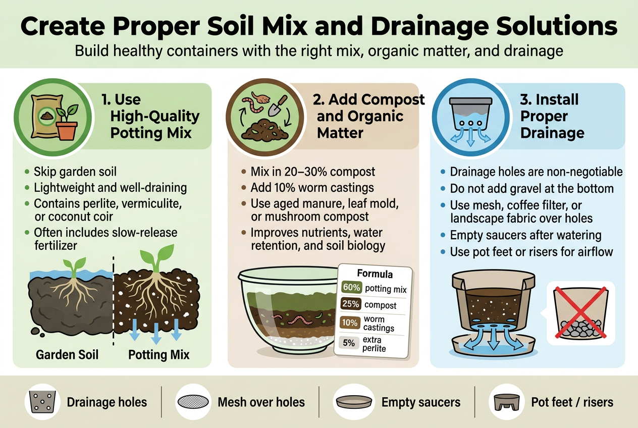 Create a clean, professional full-bleed infographic in a 3:2 landscape aspect ratio about balcony gardening soil and drainage, with a bright modern palette of greens, earth tones, white, and light blue, bold sans-serif typography, clear visual hierarchy, and wide horizontal section layouts instead of a vertical poster.
Top header across the full width:
Large bold title text: "Create Proper Soil Mix and Drainage Solutions"
Subtitle in smaller text: "Build healthy containers with the right mix, organic matter, and drainage"
Main layout: three wide horizontal content blocks arranged left-to-right across the page, each with a numbered circle, a large icon, a heading, short bullet text, and small supporting visuals.
Left block:
A green circular icon of a bag of soil and a plant pot.
Heading text: "1. Use High-Quality Potting Mix"
Bullets:
"Skip garden soil"
"Lightweight and well-draining"
"Contains perlite, vermiculite, or coconut coir"
"Often includes slow-release fertilizer"
Add a split visual: a dark heavy clump labeled "Garden Soil" with compacted roots and water sitting above it, versus a fluffy airy mix labeled "Potting Mix" with roots spreading freely and water draining through.
Center block:
A brown-and-green circular icon of compost, worm castings, and soil being mixed together.
Heading text: "2. Add Compost and Organic Matter"
Bullets:
"Mix in 20–30% compost"
"Add 10% worm castings"
"Use aged manure, leaf mold, or mushroom compost"
"Improves nutrients, water retention, and soil biology"
Show a large mixing bowl or container with layered ingredients and a small formula card displayed clearly:
"60% potting mix"
"25% compost"
"10% worm castings"
"5% extra perlite"
Right block:
A blue circular icon of a container with drainage holes and flowing water.
Heading text: "3. Install Proper Drainage"
Bullets:
"Drainage holes are non-negotiable"
"Do not add gravel at the bottom"
"Use mesh, coffee filter, or landscape fabric over holes"
"Empty saucers after watering"
"Use pot feet or risers for airflow"
Show a container cutaway with arrows showing water flowing out the bottom holes into a saucer, and a second small warning visual with a red X over gravel at the bottom.
Bottom strip across the full width:
A slim infographic row with 4 small icon callouts separated by vertical dividers:
"Drainage holes"
"Mesh over holes"
"Empty saucers"
"Pot feet / risers"
Use small clear icons: drilled pot holes, filter screen, empty tray, raised pot feet.
Style details:
Use white background with soft green and beige accent panels, thin dividers, rounded corners, subtle shadows, and crisp flat vector illustration style.
Use dark charcoal text for readability, green for healthy soil visuals, brown for compost, and blue for water/drainage.
Keep all text sharp, legible, and limited to the exact phrases shown above.