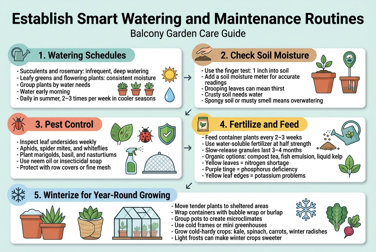 Create a clean, professional infographic illustration in a full-bleed 3:2 landscape layout with no frame and no inset margins. Use a modern flat vector style, crisp lines, balanced spacing, and a fresh balcony-garden color palette of greens, terracotta, soft blue, warm yellow, and white. Use bold sans-serif typography with a clear visual hierarchy.
Top header spanning full width:
Large bold title: "Establish Smart Watering and Maintenance Routines"
Small subtitle below: "Balcony Garden Care Guide"
Arrange the content in five wide horizontal sections or modular blocks across the page, not a narrow vertical stack. Use numbered section badges and simple icons for each block.
Section 1 on the upper left with a watering can icon:
Heading: "1. Watering Schedules"
Include short bullet text:
- "Succulents and rosemary: infrequent, deep watering"
- "Leafy greens and flowering plants: consistent moisture"
- "Group plants by water needs"
- "Water early morning"
- "Daily in summer, 2–3 times per week in cooler seasons"
Show small visual cues: grouped pots, sun icon, raindrop icon.
Section 2 on the upper right with a hand-and-soil icon and a moisture meter icon:
Heading: "2. Check Soil Moisture"
Include short bullet text:
- "Use the finger test: 1 inch into soil"
- "Add a soil moisture meter for accurate readings"
- "Drooping leaves can mean thirst"
- "Crusty soil needs water"
- "Spongy soil or musty smell means overwatering"
Include a terracotta pot and a plastic pot side by side with moisture level indicators.
Section 3 across the middle left with pest icons:
Heading: "3. Pest Control"
Include short bullet text:
- "Inspect leaf undersides weekly"
- "Aphids, spider mites, and whiteflies"
- "Plant marigolds, basil, and nasturtiums"
- "Use neem oil or insecticidal soap"
- "Protect with row covers or fine mesh"
Show leaf undersides, a ladybug, shield icon, spray bottle, and mesh cover.
Section 4 across the middle right with fertilizer and nutrient icons:
Heading: "4. Fertilize and Feed"
Include short bullet text:
- "Feed container plants every 2–3 weeks"
- "Use water-soluble fertilizer at half strength"
- "Slow-release granules last 3–4 months"
- "Organic options: compost tea, fish emulsion, liquid kelp"
- "Yellow leaves = nitrogen shortage"
- "Purple tinge = phosphorus deficiency"
- "Yellow leaf edges = potassium problems"
Show fertilizer granules, watering can with nutrients, and a healthy leaf icon.
Section 5 along the bottom full width with winter protection icons:
Heading: "5. Winterize for Year-Round Growing"
Include short bullet text:
- "Move tender plants to sheltered areas"
- "Wrap containers with bubble wrap or burlap"
- "Group pots to create microclimates"
- "Use cold frames or mini greenhouses"
- "Grow cold-hardy crops: kale, spinach, carrots, winter radishes"
- "Light frosts can make winter crops sweeter"
Show insulated pots, a small greenhouse, snowflake icon, and cold-hardy vegetables.
Add small visual connectors or arrows between the sections to suggest an ongoing care routine. Keep all text large, readable, and concise. Use clean white card backgrounds with colored accent headers for each section, subtle shadows, and plenty of breathing room. Ensure the infographic feels organized, practical, and balanced across the full 3:2 canvas.