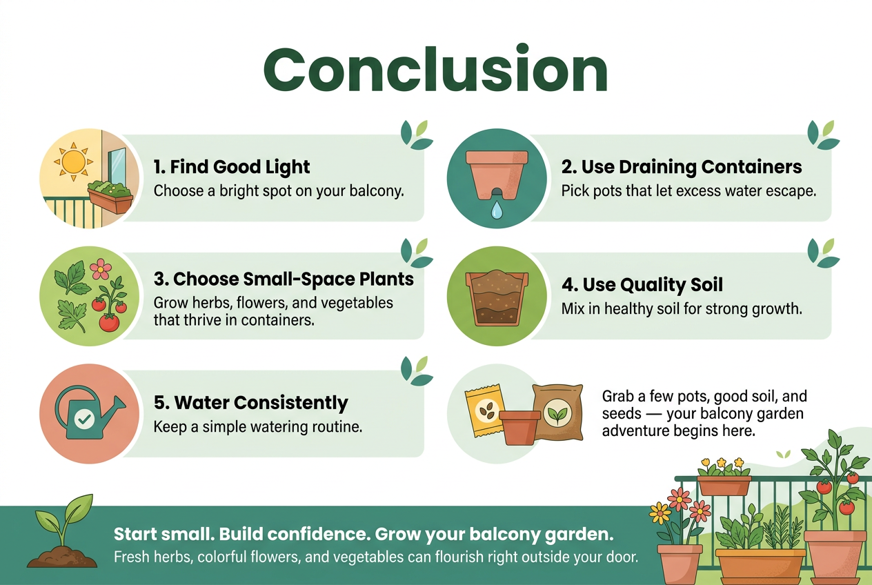Create a clean, modern infographic illustration in a 3:2 aspect ratio, full-bleed landscape layout with no frame and no inset margins. Use a fresh gardening color palette of green, leafy teal, warm yellow, soft terracotta, and white, with subtle natural textures and professional flat vector styling. Use bold sans-serif typography for the main heading and smaller clean sans-serif for body text.
Top center: large bold heading in dark green text: "Conclusion"
Below the heading, arrange five wide horizontal information blocks across the center in a balanced two-row layout, with clear spacing and small decorative leaf accents. Each block should have a colored circular icon on the left, a short bold subheading, and one concise supporting line of text.
Block 1: icon of a sun and balcony corner planter. Text: "1. Find Good Light" and below it "Choose a bright spot on your balcony."
Block 2: icon of a drainage hole in a pot with a water droplet. Text: "2. Use Draining Containers" and below it "Pick pots that let excess water escape."
Block 3: icon of herb leaves, flowers, and a small tomato plant. Text: "3. Choose Small-Space Plants" and below it "Grow herbs, flowers, and vegetables that thrive in containers."
Block 4: icon of layered soil in a pot. Text: "4. Use Quality Soil" and below it "Mix in healthy soil for strong growth."
Block 5: icon of a watering can with a simple checkmark. Text: "5. Water Consistently" and below it "Keep a simple watering routine."
Along the bottom, add a wide closing banner with a small sprout emerging from soil on the left and a happy balcony garden scene on the right with pots, flowers, and herbs. Include this text in the banner:
"Start small. Build confidence. Grow your balcony garden."
"Fresh herbs, colorful flowers, and vegetables can flourish right outside your door."
Add a final small callout near the lower right with a seed packet, pot, and soil bag icon cluster and this text:
"Grab a few pots, good soil, and seeds — your balcony garden adventure begins here."
Use strong visual hierarchy, clean alignment, and airy spacing, with the title largest, subheadings medium-bold, and supporting text smaller. Keep all text crisp, readable, and limited to the exact wording above.