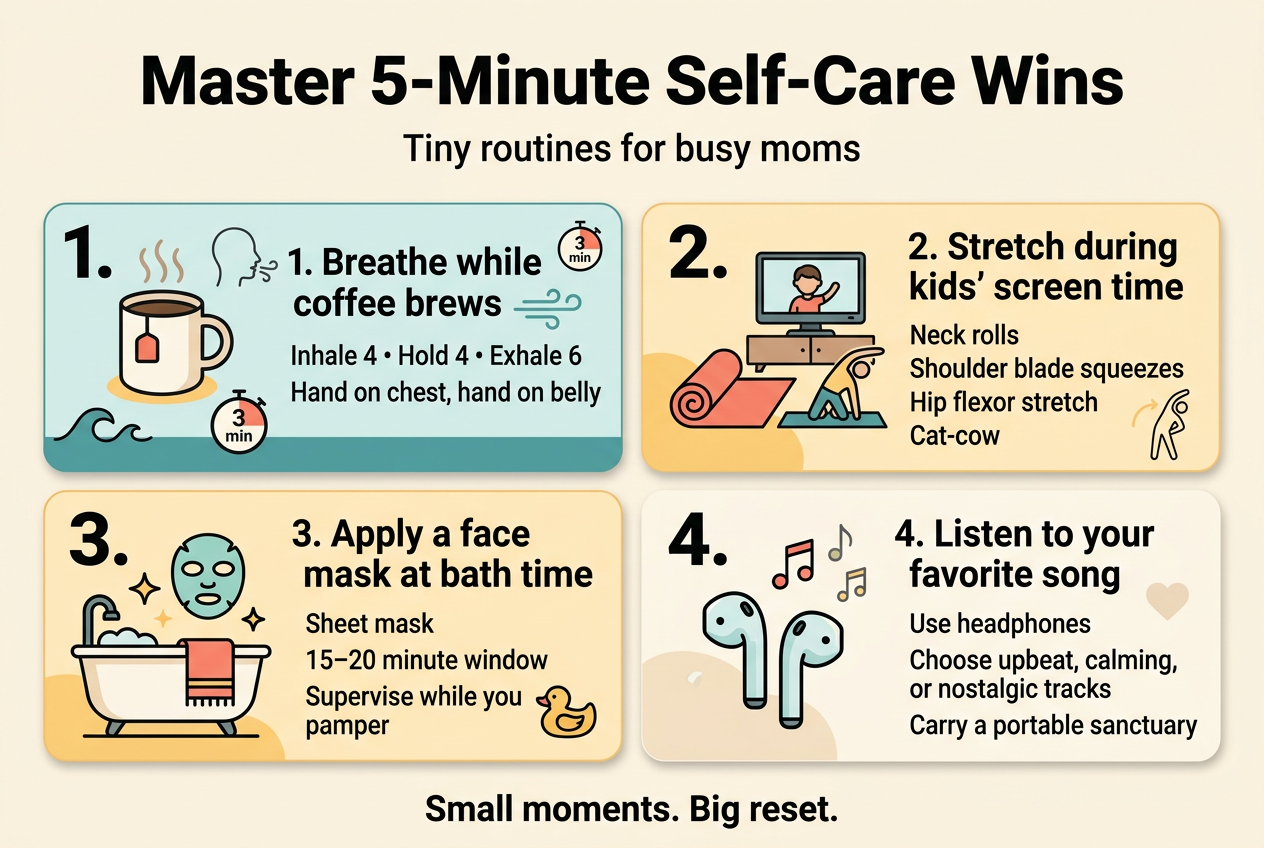 Aspect ratio 3:2, full-bleed clean professional infographic illustration with a warm modern palette of teal, coral, soft yellow, cream, and charcoal text. Bold title across the top: "Master 5-Minute Self-Care Wins". Under the title, a short subtitle in smaller text: "Tiny routines for busy moms". Use a wide 2x2 grid of four large numbered blocks across the center, each block with a clear icon, short heading, and 2–3 concise lines of text. Modern sans-serif fonts, strong visual hierarchy, plenty of whitespace, crisp flat vector style.

Top block, left: a coffee mug icon with steam and a breathing silhouette. Heading text: "1. Breathe while coffee brews". Body text: "Inhale 4 • Hold 4 • Exhale 6" and "Hand on chest, hand on belly". Add a small calm wave motif and a tiny timer icon reading "3 min".

Top block, right: a living room scene icon with a yoga mat, TV/tablet, and stretching figure. Heading text: "2. Stretch during kids’ screen time". Body text: "Neck rolls" "Shoulder blade squeezes" "Hip flexor stretch" "Cat-cow". Add a small icon of a child on a screen and a stretching body outline.

Bottom block, left: a bath tub icon with a face mask and towel. Heading text: "3. Apply a face mask at bath time". Body text: "Sheet mask" "15–20 minute window" "Supervise while you pamper". Add small sparkle icons and a bath toy icon.

Bottom block, right: wireless earbuds and music notes icon. Heading text: "4. Listen to your favorite song". Body text: "Use headphones" "Choose upbeat, calming, or nostalgic tracks" "Carry a portable sanctuary". Add floating music notes and a subtle heart icon.

Include a small footer strip at the bottom with bold text: "Small moments. Big reset." Use clear numbered markers, rounded cards with soft shadows, and balanced spacing. No photo realism, no dense paragraphs, no vertical poster layout.