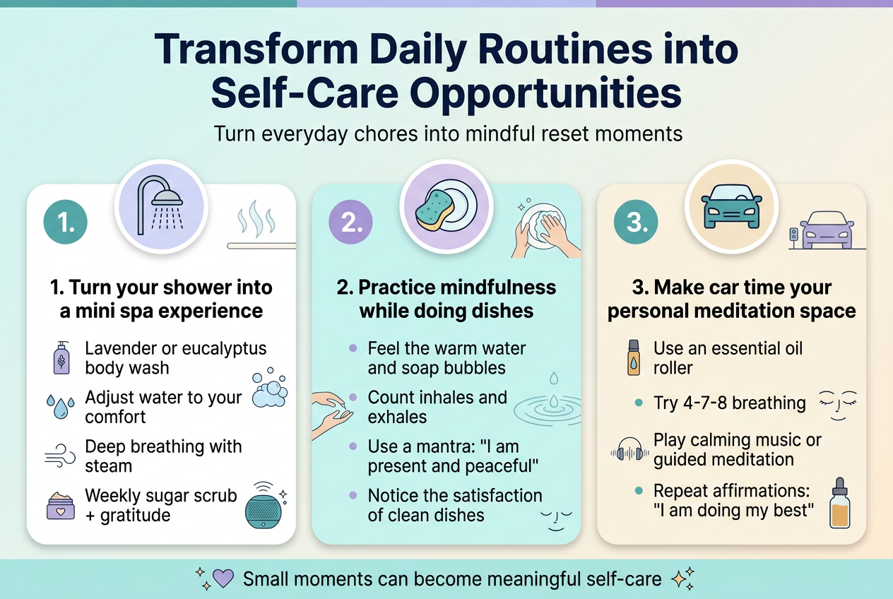 Create a clean, modern full-bleed infographic in a 3:2 aspect ratio with a soft calming color palette of teal, lavender, aqua, and warm cream, using crisp sans-serif fonts with a bold dark navy title. Top banner across the full width with large heading text: "Transform Daily Routines into Self-Care Opportunities". Under the title, add a smaller subtitle: "Turn everyday chores into mindful reset moments".

Use a wide horizontal layout with three equal rounded-rectangle sections across the page, each with a numbered circle, a simple icon, a bold section header, and short bullet points. Keep the design airy, polished, and easy to scan.

LEFT SECTION:
Place a shower icon at the top of the first card. Section header text: "1. Turn your shower into a mini spa experience"
Include 4 short bullets with small icons:
- "Lavender or eucalyptus body wash"
- "Adjust water to your comfort"
- "Deep breathing with steam"
- "Weekly sugar scrub + gratitude"

Add tiny visual details of steam, soap bubbles, and a small waterproof speaker.

CENTER SECTION:
Place a dish sponge and plate icon at the top of the second card. Section header text: "2. Practice mindfulness while doing dishes"
Include 4 short bullets:
- "Feel the warm water and soap bubbles"
- "Count inhales and exhales"
- "Use a mantra: 'I am present and peaceful'"
- "Notice the satisfaction of clean dishes"

Add subtle visual details of hands washing dishes, gentle water ripples, and a calm expression.

RIGHT SECTION:
Place a car icon at the top of the third card. Section header text: "3. Make car time your personal meditation space"
Include 4 short bullets:
- "Use an essential oil roller"
- "Try 4-7-8 breathing"
- "Play calming music or guided meditation"
- "Repeat affirmations: 'I am doing my best'"

Add subtle visual details of parked car, closed eyes, headphones or sound waves, and a small oil bottle.

Include a slim footer strip across the bottom with a small heart and sparkle icons and the line: "Small moments can become meaningful self-care". Use clear hierarchy, strong spacing, soft shadows, minimal decorative line art, and no clutter.