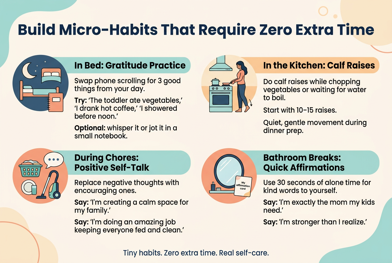 Create a clean, modern infographic illustration in a 3:2 aspect ratio, full-bleed layout, no frame, no margins, no centered vertical poster stack. Use a bright, calming palette of soft teal, warm peach, cream, and navy accents. Use a bold sans-serif title at the top spanning the width.

Top header text: "Build Micro-Habits That Require Zero Extra Time"

Below the title, arrange four wide horizontal sections in a 2x2 grid with clear spacing, each section with a colored icon circle on the left, a bold subheading, and 2–3 short supporting lines of text. Use simple flat vector icons.

Section 1, top left: moon, bed, and small notebook icon.
Subheading: "In Bed: Gratitude Practice"
Body text: "Swap phone scrolling for 3 good things from your day."
"Try: 'The toddler ate vegetables,' 'I drank hot coffee,' 'I showered before noon.'"
"Optional: whisper it or jot it in a small notebook."

Section 2, top right: kitchen icon with a woman standing and doing calf raises near a stove.
Subheading: "In the Kitchen: Calf Raises"
Body text: "Do calf raises while chopping vegetables or waiting for water to boil."
"Start with 10–15 raises."
"Quiet, gentle movement during dinner prep."

Section 3, bottom left: laundry basket, dish, and vacuum icons with a speech bubble.
Subheading: "During Chores: Positive Self-Talk"
Body text: "Replace negative thoughts with encouraging ones."
"Say: 'I'm creating a calm space for my family.'"
"Say: 'I'm doing an amazing job keeping everyone fed and clean.'"

Section 4, bottom right: bathroom mirror icon with a small affirmation card.
Subheading: "Bathroom Breaks: Quick Affirmations"
Body text: "Use 30 seconds of alone time for kind words to yourself."
"Say: 'I'm exactly the mom my kids need.'"
"Say: 'I'm stronger than I realize.'"

Add a small footer line across the bottom in subtle navy text: "Tiny habits. Zero extra time. Real self-care."

Use strong hierarchy: large title, medium bold subheadings, smaller readable body text. Keep the layout airy, organized, and professional, with clean iconography and gentle decorative shapes in the background.