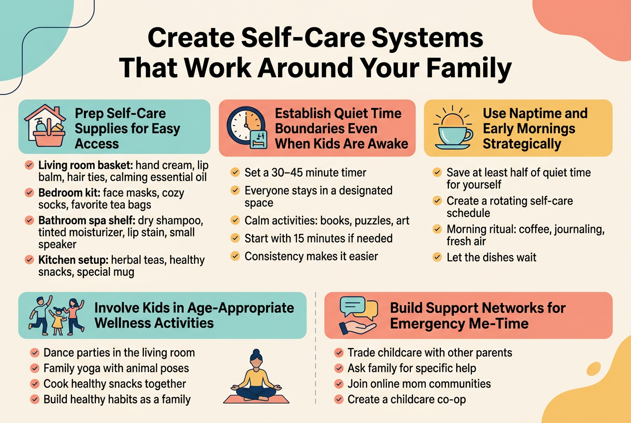 Create a clean professional full-bleed infographic illustration in aspect ratio 3:2 with a bright calming palette of teal, soft coral, warm yellow, cream, and navy accents, modern sans-serif fonts, bold hierarchy, and clear section boxes arranged in a wide multi-column layout.

Top center: large bold title text in dark navy, "Create Self-Care Systems That Work Around Your Family"

Below the title, arrange 5 wide horizontal content blocks with icons and short headings, using a balanced two-row layout instead of a narrow vertical stack.

1) Left top block with a home-and-basket icon:
Heading text: "Prep Self-Care Supplies for Easy Access"
Small supporting text in neat bullet lines:
"• Living room basket: hand cream, lip balm, hair ties, calming essential oil"
"• Bedroom kit: face masks, cozy socks, favorite tea bags"
"• Bathroom spa shelf: dry shampoo, tinted moisturizer, lip stain, small speaker"
"• Kitchen setup: herbal teas, healthy snacks, special mug"

2) Center top block with a clock and quiet-room icon:
Heading text: "Establish Quiet Time Boundaries Even When Kids Are Awake"
Small supporting text:
"• Set a 30–45 minute timer"
"• Everyone stays in a designated space"
"• Calm activities: books, puzzles, art"
"• Start with 15 minutes if needed"
"• Consistency makes it easier"

3) Right top block with a sunrise and coffee icon:
Heading text: "Use Naptime and Early Mornings Strategically"
Small supporting text:
"• Save at least half of quiet time for yourself"
"• Create a rotating self-care schedule"
"• Morning ritual: coffee, journaling, fresh air"
"• Let the dishes wait"

4) Bottom left wide block with a family-dance and yoga icon:
Heading text: "Involve Kids in Age-Appropriate Wellness Activities"
Small supporting text:
"• Dance parties in the living room"
"• Family yoga with animal poses"
"• Cook healthy snacks together"
"• Build healthy habits as a family"

5) Bottom right wide block with a support-network and chat icon:
Heading text: "Build Support Networks for Emergency Me-Time"
Small supporting text:
"• Trade childcare with other parents"
"• Ask family for specific help"
"• Join online mom communities"
"• Create a childcare co-op"

Use crisp icons beside each heading: self-care basket, timer/clock, coffee cup with sunrise, dancing family with yoga pose, and chat bubbles with hands/support. Add subtle dividing lines, rounded rectangles, and small checkmark markers for bullets. Use high contrast dark text on light backgrounds, with soft decorative shapes and gentle shadows. Keep the layout airy, organized, and easy to read.