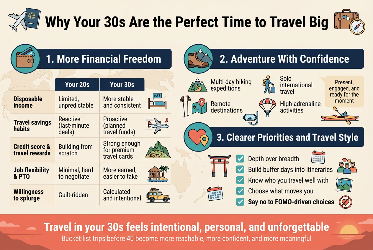 Create a clean, modern infographic illustration in a full-bleed 3:2 landscape layout with wide horizontal sections, not a vertical poster. Use a professional travel editorial style with a light warm background, navy and teal accents, coral highlights, clean sans-serif fonts, bold hierarchy, subtle map and globe textures, and crisp flat vector icons.

Top full-width header bar:
Large bold title text centered: "Why Your 30s Are the Perfect Time to Travel Big"
Add a small airplane + passport icon on the left of the title and a suitcase + compass icon on the right.

Below the header, arrange three wide horizontal content blocks across the page, each with a large numbered circle and an icon.

Left section, block 1 with a wallet and credit card icon, title:
"1. More Financial Freedom"
Include a 2-column comparison mini-table with headers:
"Your 20s" and "Your 30s"
Rows:
"Disposable income" | "Limited, unpredictable" | "More stable and consistent"
"Travel savings habits" | "Reactive (last-minute deals)" | "Proactive (planned travel funds)"
"Credit score & travel rewards" | "Building from scratch" | "Strong enough for premium travel cards"
"Job flexibility & PTO" | "Minimal, hard to negotiate" | "More earned, easier to take"
"Willingness to splurge" | "Guilt-ridden" | "Calculated and intentional"
Add small travel icons near the examples: hostel bed, red-eye plane, Machu Picchu mountain, Maldives bungalow, safari jeep.

Center section, block 2 with a hiking boot and mountain icon, title:
"2. Adventure With Confidence"
Use four compact icon callouts in a grid:
"Multi-day hiking expeditions" with mountain trail icon
"Solo international travel" with solo traveler icon
"Remote destinations" with compass/map pin icon
"High-adrenaline activities" with skydiving/parachute icon
Add a small side note in a highlighted box:
"Present, engaged, and ready for the moment"
Include small visual symbols of trekking poles, scuba mask, and kayak.

Right section, block 3 with a heart and location pin icon, title:
"3. Clearer Priorities and Travel Style"
Use five checklist bullets with teal check icons:
"Depth over breadth"
"Build buffer days into itineraries"
"Know who you travel well with"
"Choose what moves you"
"Say no to FOMO-driven choices"
Include small supporting icons: Japan torii gate, calendar, friend group, landscape, and crossed-out social media heart.

Bottom full-width closing banner with a warm coral accent and a subtle horizon illustration:
Bold text:
"Travel in your 30s feels intentional, personal, and unforgettable"
Smaller subtext beneath:
"Bucket list trips before 40 become more reachable, more confident, and more meaningful"

Use balanced spacing, clear alignment, and strong visual separation between the three sections. Make all text fully legible. No photo background, no 3D rendering, no clutter, no vertical stack, no inset frame.