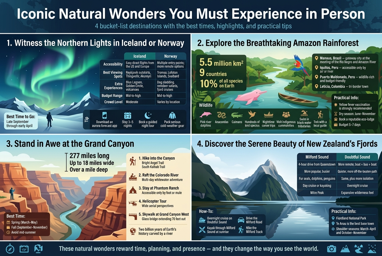 Create a clean, professional full-bleed infographic in a wide 3:2 aspect ratio with a modern travel editorial style. Use a dark navy-to-ice-blue gradient background with subtle map/grid texture, bright accent colors of aurora green, deep teal, gold, and soft white. Use bold sans-serif headings, smaller readable sans-serif body text, crisp icons, and clear section dividers. Layout: a large top title banner spanning the full width, then four wide horizontal content blocks arranged in a 2x2 grid, each with a large illustrated hero icon/image on the left and compact text modules on the right. Include small numbered markers for each section. Add subtle travel icons, weather icons, wildlife icons, and location pins.

TOP HEADER:
Large bold title centered across the top:
"Iconic Natural Wonders You Must Experience in Person"
Small subtitle under it:
"4 bucket-list destinations with the best times, highlights, and practical tips"

SECTION 1 — top left wide block:
Heading:
"1. Witness the Northern Lights in Iceland or Norway"
Main visual: a glowing aurora ribbon sweeping across a dark Arctic sky above snowy mountains, with a small traveler silhouette.
Include a small comparison table with two columns labeled "Iceland" and "Norway" and rows:
"Accessibility" | "Easy direct flights from the US and Europe" | "Multiple entry points; more remote options"
"Best Viewing Spots" | "Reykjavik outskirts, Thingvellir, Akureyri" | "Tromsø, Lofoten Islands, Svalbard"
"Extra Experiences" | "Blue Lagoon, Golden Circle, volcanoes" | "Dog sledding, reindeer safaris, fjord cruises"
"Budget Range" | "Mid-to-high" | "Mid-to-high"
"Crowd Level" | "Moderate" | "Varies by location"
Add a small callout box labeled "Best Time to Go:" with text:
"Late September through early April"
Add a small tip strip with icons and text:
"Download an aurora forecast app"
"Stay 3–5 nights"
"Book a guided night tour"
"Pack serious cold-weather gear"

SECTION 2 — top right wide block:
Heading:
"2. Explore the Breathtaking Amazon Rainforest"
Main visual: lush green canopy, winding river, pink river dolphin, macaw, and canoe.
Add a compact fact box with large number emphasis:
"5.5 million km²"
"9 countries"
"10% of all species on Earth"
Add a location list with pin icons:
"Manaus, Brazil — gateway city at the meeting of the Rio Negro and Amazon River"
"Iquitos, Peru — accessible only by air or river"
"Puerto Maldonado, Peru — wildlife-rich and budget-friendly"
"Leticia, Colombia — tri-border town"
Add a wildlife strip with small icons and text:
"Pink river dolphins"
"Anacondas"
"Caimans"
"Hundreds of bird species"
"Nighttime canoe trips"
"Visit indigenous communities"
"Swim in black-water tributaries"
"Trek with a local guide"
Add a practical info box:
"Yellow fever vaccination is strongly recommended"
"Dry season: June–November"
"Book a reputable eco-lodge"
"Budget 5–7 days"

SECTION 3 — bottom left wide block:
Heading:
"3. Stand in Awe at the Grand Canyon"
Main visual: vast layered canyon walls with a tiny rim viewer and Colorado River below.
Include a big scale callout:
"277 miles long"
"Up to 18 miles wide"
"Over a mile deep"
Add a numbered activity list with icons:
"1. Hike into the Canyon"
"Bright Angel Trail"
"South Kaibab Trail"
"2. Raft the Colorado River"
"Multi-day whitewater adventure"
"3. Stay at Phantom Ranch"
"Accessible only by foot or mule"
"4. Helicopter Tour"
"Wide aerial perspectives"
"5. Skywalk at Grand Canyon West"
"Glass bridge extending 70 feet out"
Add a best time box:
"Spring (March–May)"
"Fall (September–November)"
"Avoid mid-summer"
Add a small geology note:
"Two billion years of Earth's history carved by a river"

SECTION 4 — bottom right wide block:
Heading:
"4. Discover the Serene Beauty of New Zealand's Fjords"
Main visual: Milford Sound or Doubtful Sound with towering cliffs, mist, waterfalls, and reflective dark water.
Include a comparison mini-table:
"Milford Sound" | "4-hour drive from Queenstown" | "More popular, busier" | "Fur seals, dolphins, penguins" | "Day cruise or kayaking" | "Mitre Peak"
"Doubtful Sound" | "More remote; boat + bus + boat" | "Quieter, more off-the-beaten-path" | "Same, plus more isolation" | "Overnight cruise" | "Expansive wilderness feel"
Add a how-to box with icons:
"Overnight cruise on Doubtful Sound"
"Kayak through Milford Sound at sunrise"
"Drive the Milford Road"
"Hike the Milford Track"
Add a practical info box:
"Fiordland National Park"
"Te Anau is the best base town"
"Shoulder seasons: March–April and October–November"

BOTTOM FOOTER STRIP across the full width:
Small concluding line in bold:
"These natural wonders reward time, planning, and presence — and they change the way you see the world."
Add small icons of a compass, camera, mountain, river, and starry sky. Keep all text crisp, legible, and aligned in clean blocks with strong visual hierarchy and generous spacing.
