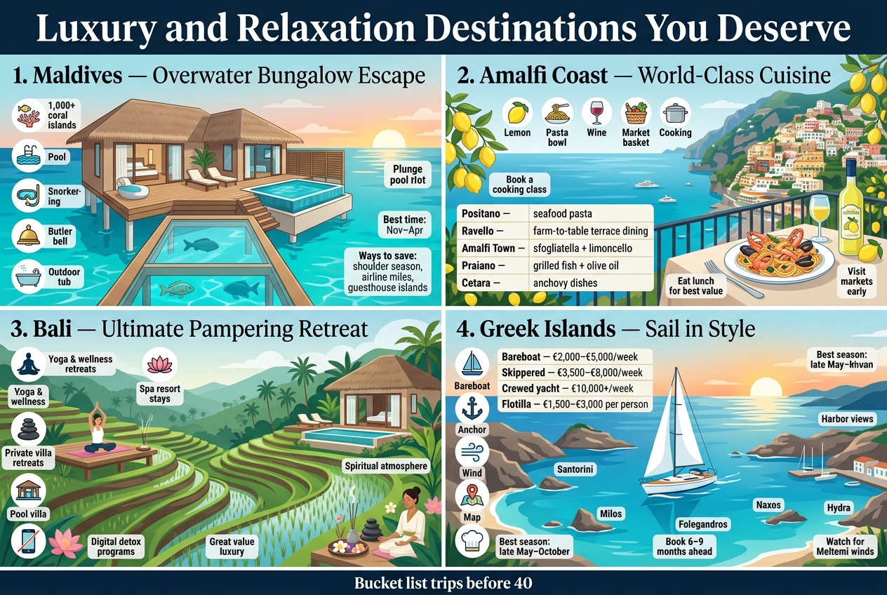 Create a full-bleed professional travel infographic in a 3:2 aspect ratio with a clean modern editorial style, bright luxury colors, and strong visual hierarchy. Use a wide horizontal layout with four large destination sections arranged in a 2x2 grid across the page. Add a bold title banner across the top that reads: "Luxury and Relaxation Destinations You Deserve". Use elegant sans-serif fonts, white text on deep navy and teal accents, with gold highlights and subtle tropical textures.

Top left section: "1. Maldives — Overwater Bungalow Escape" with a large illustration of an overwater villa on turquoise water, glass floor panel, private deck, plunge pool, and sunset sky. Add small icons beside short labels: fish under glass floor, pool, snorkeling mask, butler bell, outdoor tub. Include compact text blocks: "1,000+ coral islands", "Best time: Nov–Apr", "Ways to save: shoulder season, airline miles, guesthouse islands".

Top right section: "2. Amalfi Coast — World-Class Cuisine" with a cliffside village overlooking the sea, lemon groves, terrace dining, seafood pasta, and limoncello bottle. Add icons for lemon, pasta bowl, wine glass, market basket, cooking pot. Include a simple mini table with two columns and 5 rows using short text:
"Positano — seafood pasta"
"Ravello — farm-to-table terrace dining"
"Amalfi Town — sfogliatella + limoncello"
"Praiano — grilled fish + olive oil"
"Cetara — anchovy dishes"
Add small tip labels: "Book a cooking class", "Eat lunch for best value", "Visit markets early".

Bottom left section: "3. Bali — Ultimate Pampering Retreat" with a lush rice terrace, yoga platform, spa villa, incense, flowers, and a serene healer scene. Add icons for yoga pose, lotus flower, massage stones, pool villa, phone with slash for detox. Include short text blocks: "Yoga & wellness retreats", "Spa resort stays", "Private villa retreats", "Digital detox programs", "Spiritual atmosphere", "Great value luxury".

Bottom right section: "4. Greek Islands — Sail in Style" with a white sailboat in a clear blue Aegean bay, rocky islands, harbor views, and sunset over the sea. Add icons for sailboat, anchor, wind, map pin, chef hat. Include a small comparison chart with four rows and short text:
"Bareboat — €2,000–€5,000/week"
"Skippered — €3,500–€8,000/week"
"Crewed yacht — €10,000+/week"
"Flotilla — €1,500–€3,000 per person"
Add island labels around the sailing scene: "Santorini", "Milos", "Folegandros", "Naxos", "Hydra". Add tip labels: "Best season: late May–October", "Book 6–9 months ahead", "Watch for Meltemi winds".

Use clear numbered markers 1–4 for each destination. Add a small bottom strip with the closing line in bold: "Bucket list trips before 40". Keep the composition balanced, spacious, and highly readable, with crisp iconography, subtle shadows, and polished travel-magazine infographic styling.