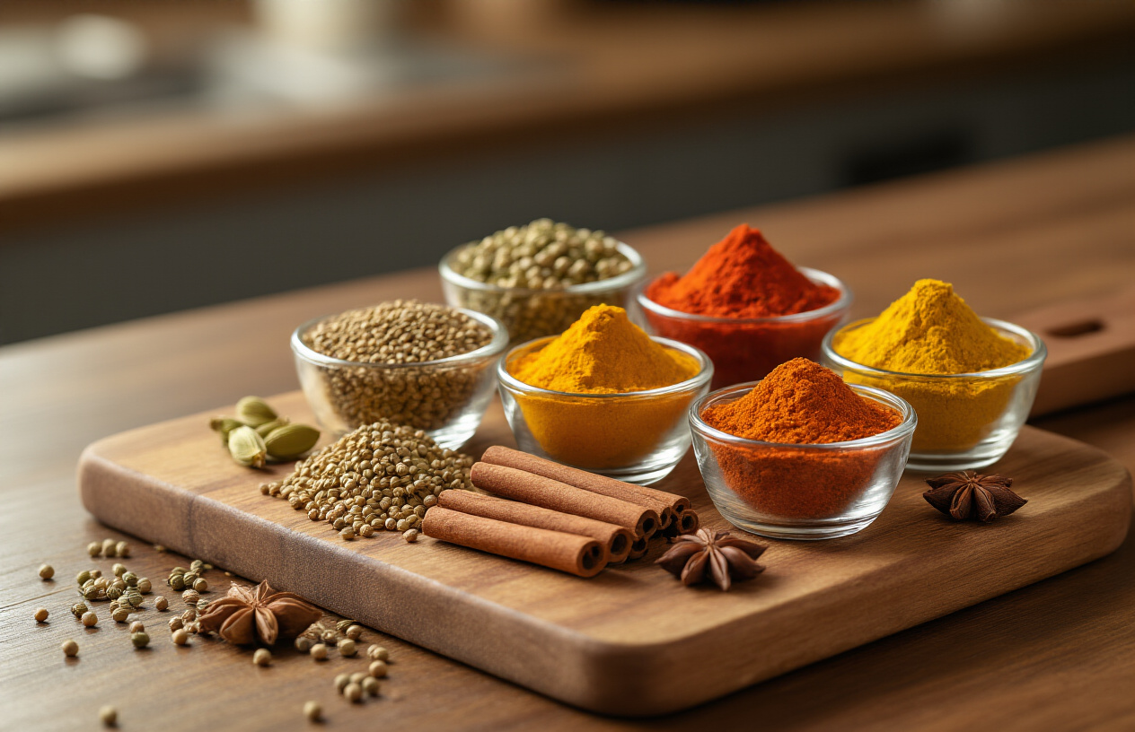 Create a realistic image of various colorful whole spices and ground spices arranged artistically on a wooden cutting board, including cumin seeds, coriander seeds, turmeric powder, red chili powder, cardamom pods, cinnamon sticks, and star anise, with small glass bowls containing different spice powders, set against a warm kitchen background with soft natural lighting, showing the essence of spice selection for curry making in a Japanese kitchen setting, absolutely NO text should be in the scene.