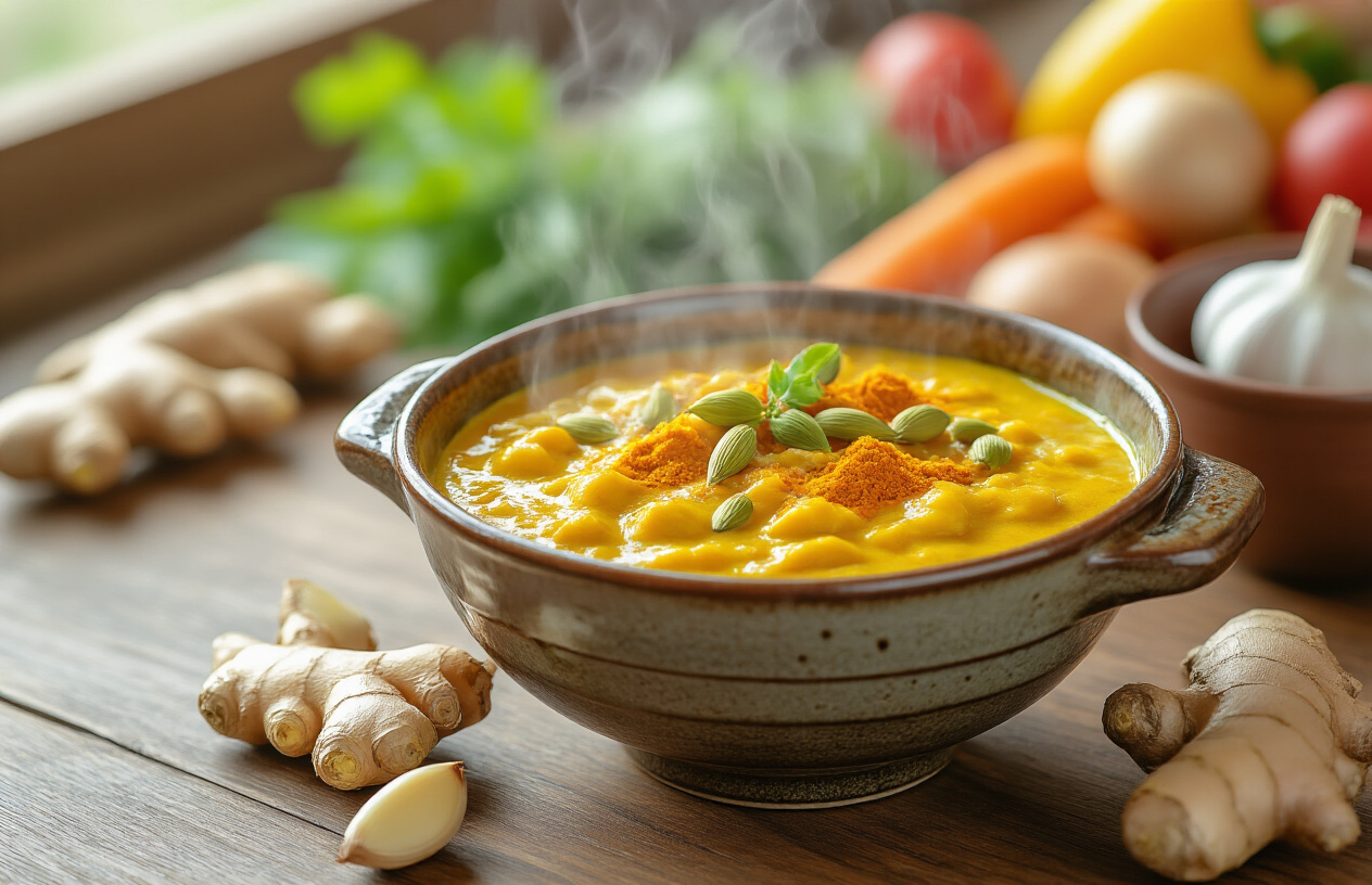 Create a realistic image of a traditional Japanese spice curry bowl with vibrant golden-yellow curry containing visible spices like turmeric, cumin, and cardamom pods, served in an authentic ceramic bowl alongside fresh ingredients including ginger root, garlic cloves, and colorful vegetables, with steam rising from the hot curry, set on a wooden table with soft natural lighting that highlights the rich colors and textures of the healthy spices, creating a warm and inviting atmosphere that emphasizes the nutritional and wellness aspects of the dish, absolutely NO text should be in the scene.