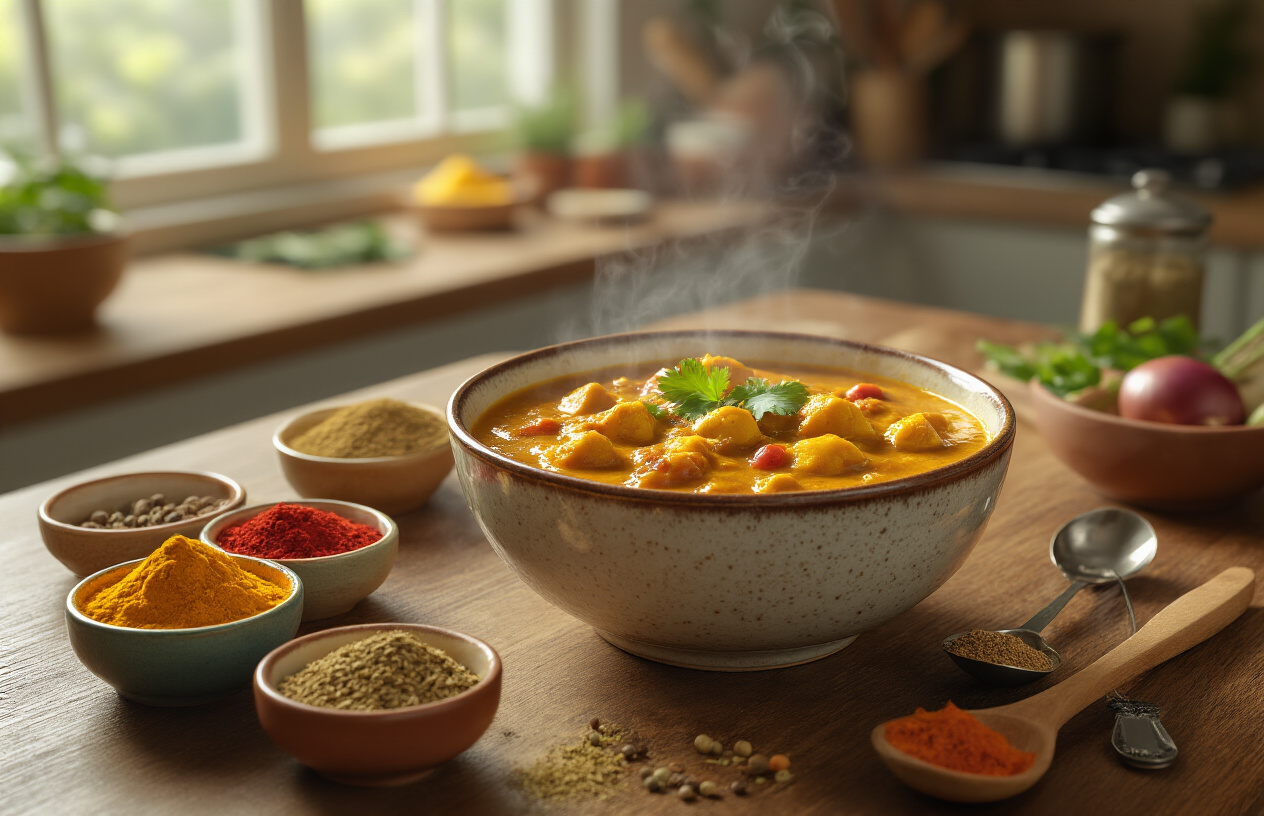 Create a realistic image of a home kitchen scene with freshly prepared Kumagaya-style spice curry in a ceramic bowl on a wooden table, surrounded by various colorful spices in small dishes including turmeric, cumin, coriander, and garam masala, with cooking utensils like a wooden spoon and measuring spoons nearby, steam rising from the aromatic curry, warm natural lighting from a window, cozy domestic atmosphere with clean countertops and cooking ingredients visible in the background, absolutely NO text should be in the scene.