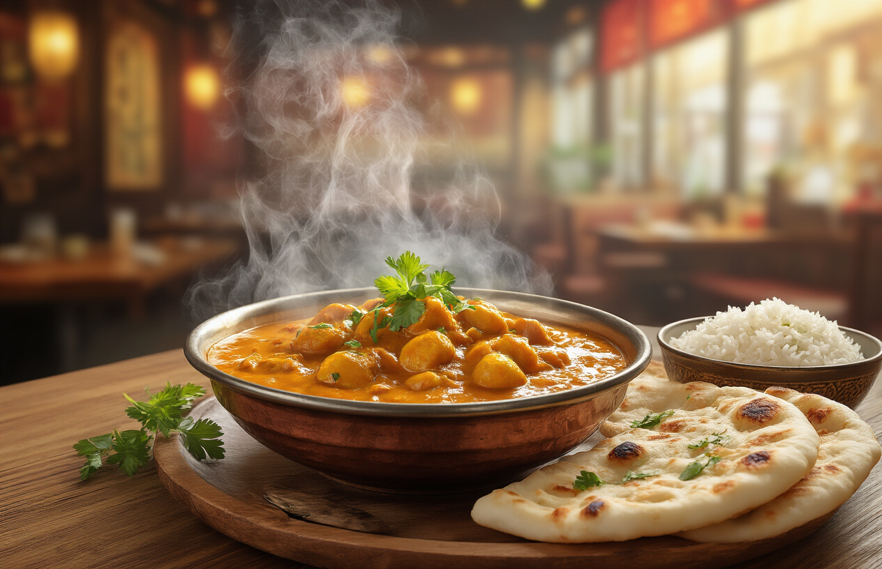 Create a realistic image of a beautifully plated spice curry dish on a wooden table with steam rising from the curry, garnished with fresh herbs and accompanied by naan bread and rice, set in a cozy restaurant atmosphere with warm lighting and blurred background showing traditional Japanese interior elements, capturing the essence of Kumagaya's spice curry culture with rich golden and orange curry colors that evoke satisfaction and culinary excellence. Absolutely NO text should be in the scene.