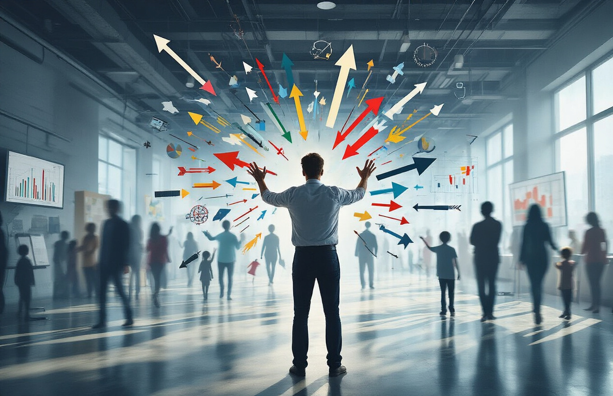 Create a realistic image of a white male marketing professional standing at the center of a chaotic scene with multiple diverse arrows pointing in different directions around him, representing scattered marketing efforts, with blurred silhouettes of various people types (families, seniors, teenagers, professionals) in the background showing confusion and overwhelm, set in a modern office environment with charts and graphs on walls, dramatic lighting casting long shadows to emphasize the problematic scattered approach, absolutely NO text should be in the scene.