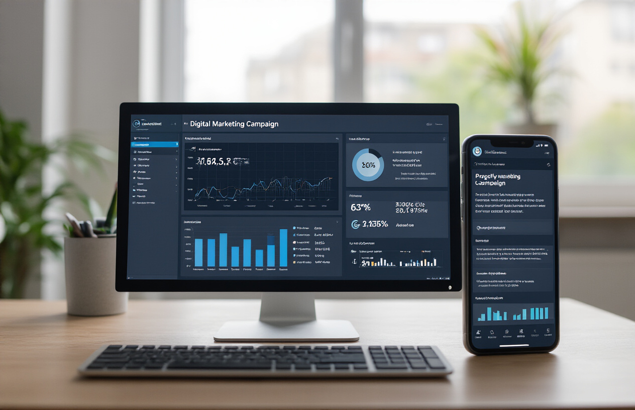 Create a realistic image of a split-screen comparison showing a desktop computer on the left displaying a digital marketing campaign with graphs and analytics, and a smartphone on the right showing a poorly optimized mobile version of the same campaign with tiny text and misaligned elements, set on a modern office desk with soft natural lighting from a window, conveying a sense of missed opportunity and digital marketing oversight, absolutely NO text should be in the scene.