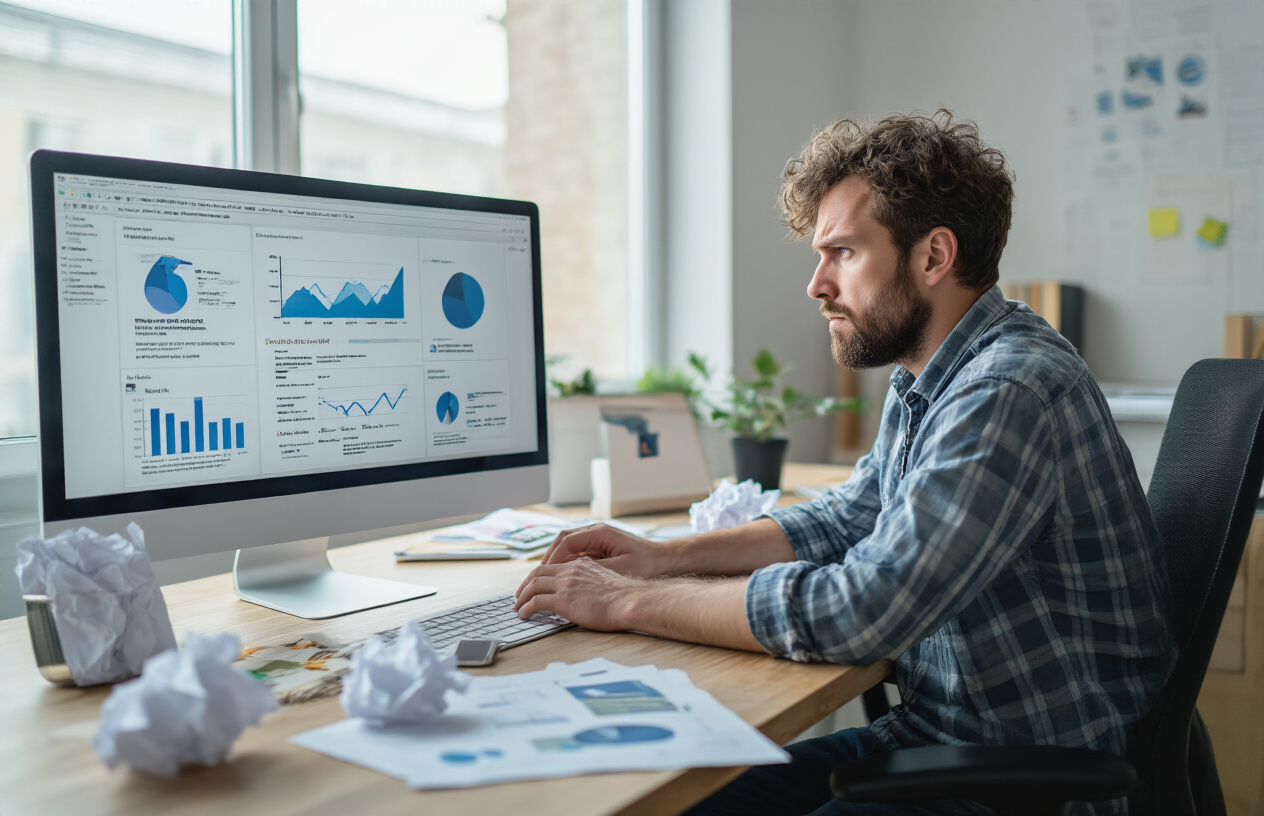 Create a realistic image of a frustrated white male marketer in his 30s sitting at a modern desk staring at a computer screen displaying bland, templated content with declining analytics graphs, surrounded by crumpled papers and generic stock photos scattered on the desk, in a bright office environment with natural lighting from a window, conveying disappointment and creative block, absolutely NO text should be in the scene.