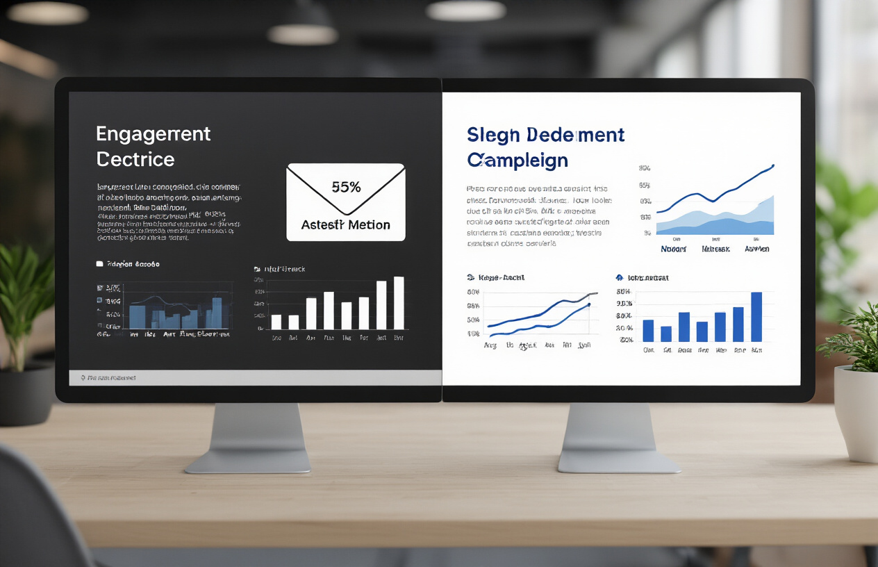 Create a realistic image of a split computer screen showing two different versions of the same digital advertisement or email campaign side by side, with one version showing higher engagement metrics and the other showing lower performance, surrounded by analytics charts and graphs displaying campaign performance data, set in a modern office environment with soft natural lighting, absolutely NO text should be in the scene.