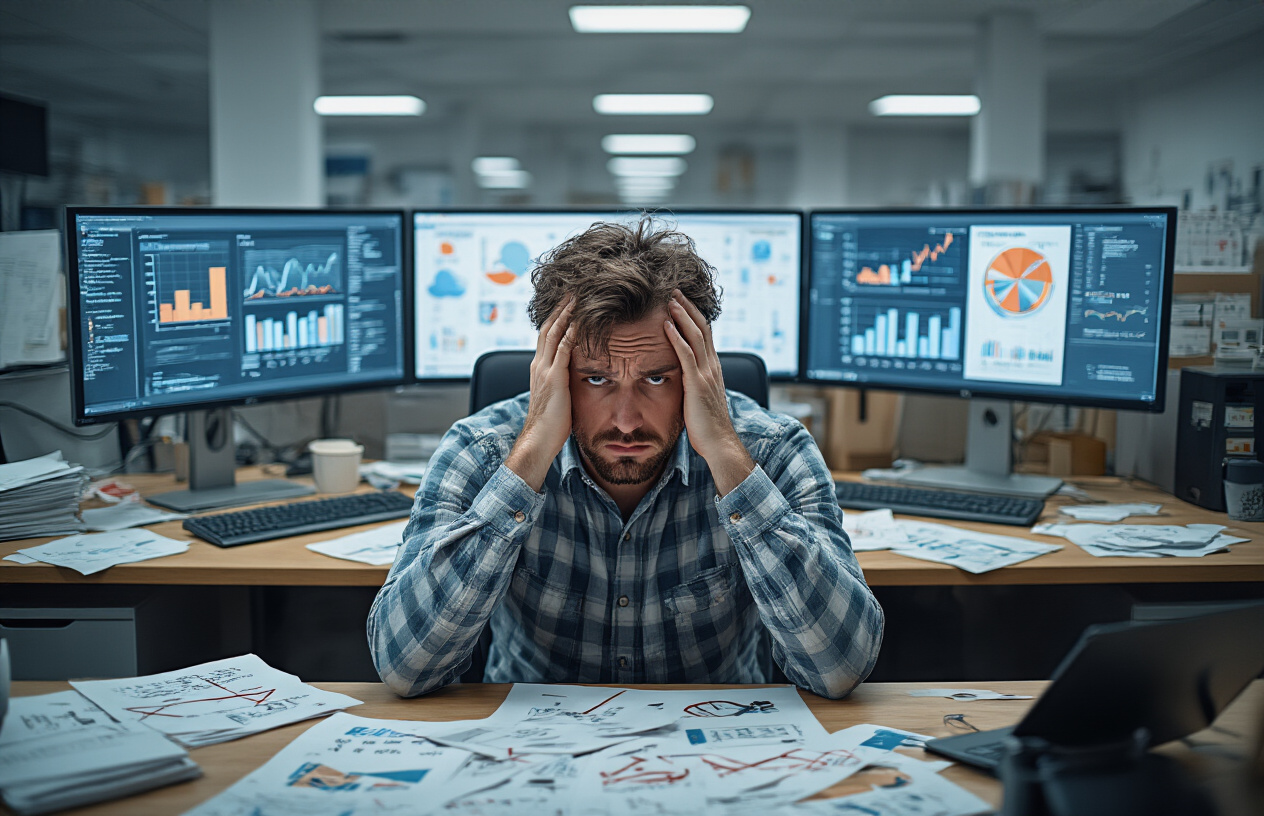 Create a realistic image of a frustrated white male marketing professional sitting at a desk with multiple computer monitors displaying wasteful digital advertising campaigns, surrounded by scattered papers with crossed-out keyword lists and budget reports showing declining ROI charts, with a cluttered office background featuring filing cabinets and marketing materials, under harsh fluorescent lighting that emphasizes the stressful atmosphere, with the person holding his head in his hands while staring at screens showing irrelevant search terms and misplaced ad placements, absolutely NO text should be in the scene.