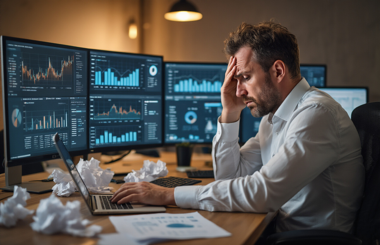 Create a realistic image of a frustrated white male business professional in his 30s sitting at a modern office desk, looking at multiple computer screens displaying declining analytics graphs and campaign metrics, with his hand on his forehead in a gesture of regret, surrounded by crumpled papers and an open laptop, in a dimly lit office environment with warm artificial lighting, conveying the mood of missed opportunities and premature decision-making, absolutely NO text should be in the scene.