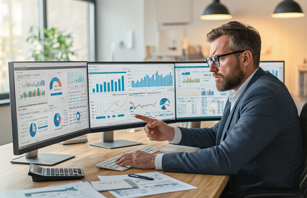 Create a realistic image of a professional office setting with multiple computer monitors displaying various colorful analytics dashboards and charts with incorrect or misleading metrics, a frustrated white male business professional in his 30s sitting at a desk looking confused while pointing at the wrong data points on the screens, scattered papers with irrelevant statistics around the workspace, a calculator and notepad with crossed-out numbers, warm office lighting creating shadows that emphasize the confusion, and a mood of frustration and missed opportunities in digital marketing analysis, absolutely NO text should be in the scene.