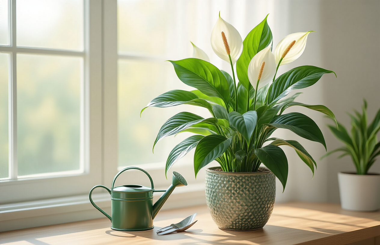 Create a realistic image of a healthy Peace Lily plant with glossy dark green leaves and white blooms in a decorative pot, positioned near a bright window with natural sunlight streaming in, showing a watering can and small gardening tools nearby on a wooden surface, with soft natural lighting highlighting the plant's basic care requirements including proper light, water, and growing conditions, absolutely NO text should be in the scene.