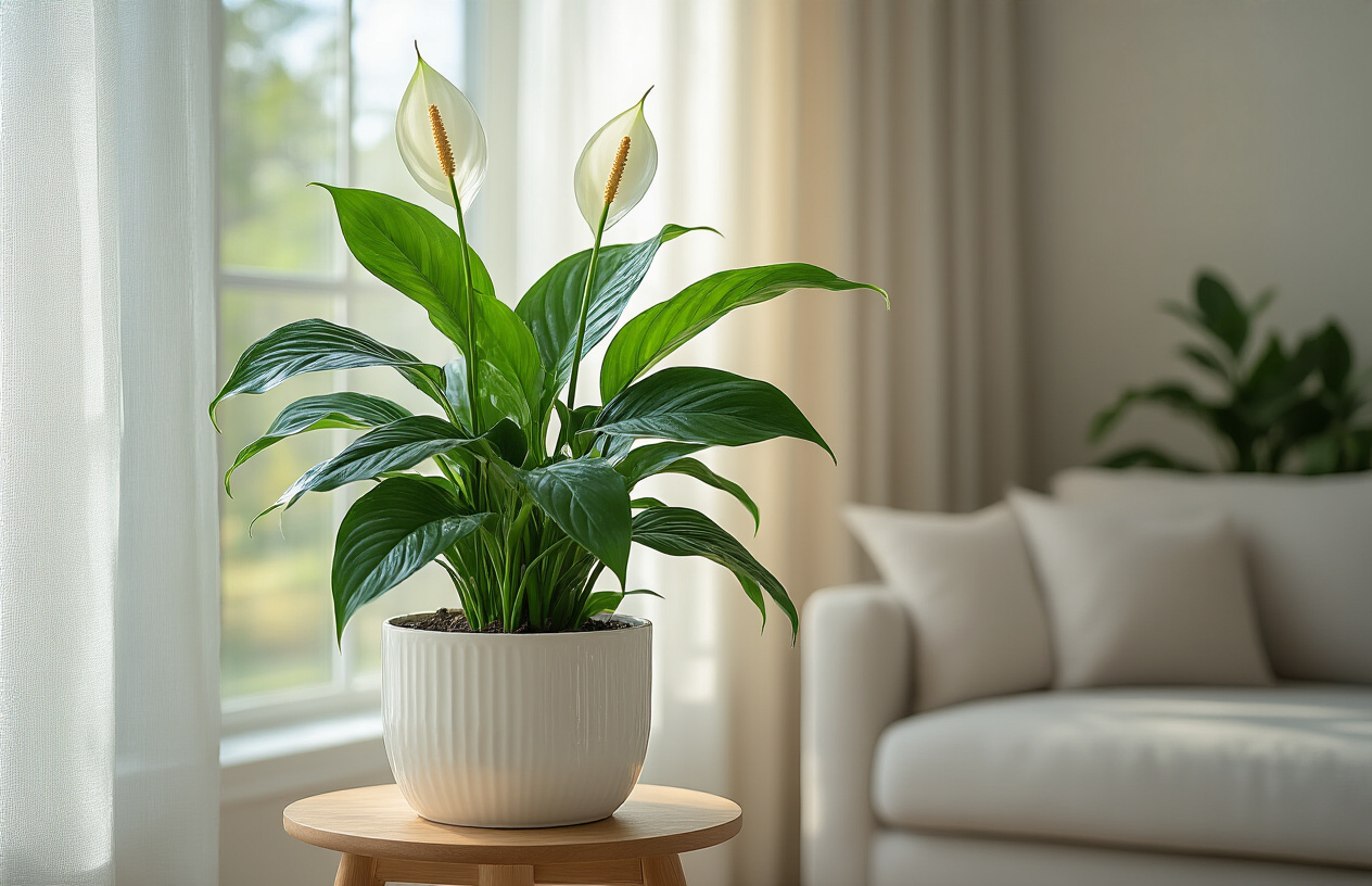 Create a realistic image of a healthy peace lily plant with glossy dark green leaves and white spathes blooming indoors near a bright window, placed in a decorative white ceramic pot on a wooden plant stand, with soft natural lighting filtering through sheer curtains, showing water droplets on the leaves indicating proper care, surrounded by a cozy modern living room setting with neutral tones, absolutely NO text should be in the scene.