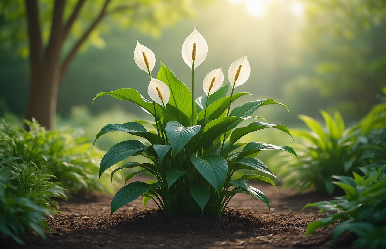 Create a realistic image of a thriving peace lily plant in an outdoor garden setting with large green leaves and white blooms, positioned in a partially shaded area under dappled sunlight filtering through trees, surrounded by other complementary outdoor plants and natural soil, showing the plant in perfect health with rich green foliage and pristine white flowers, captured in soft natural lighting that highlights the plant's elegant form and outdoor cultivation success, absolutely NO text should be in the scene.