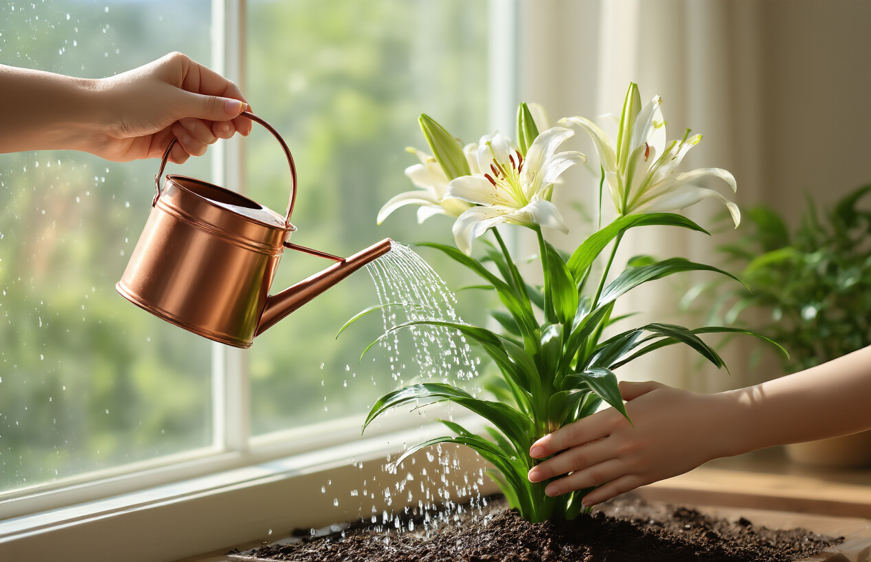 Create a realistic image of hands gently watering a healthy space lily plant with a copper watering can, showing water droplets falling onto the soil and green foliage, with the plant positioned near a bright window with natural sunlight streaming in, creating a serene indoor gardening atmosphere with soft shadows and warm lighting, absolutely NO text should be in the scene.
