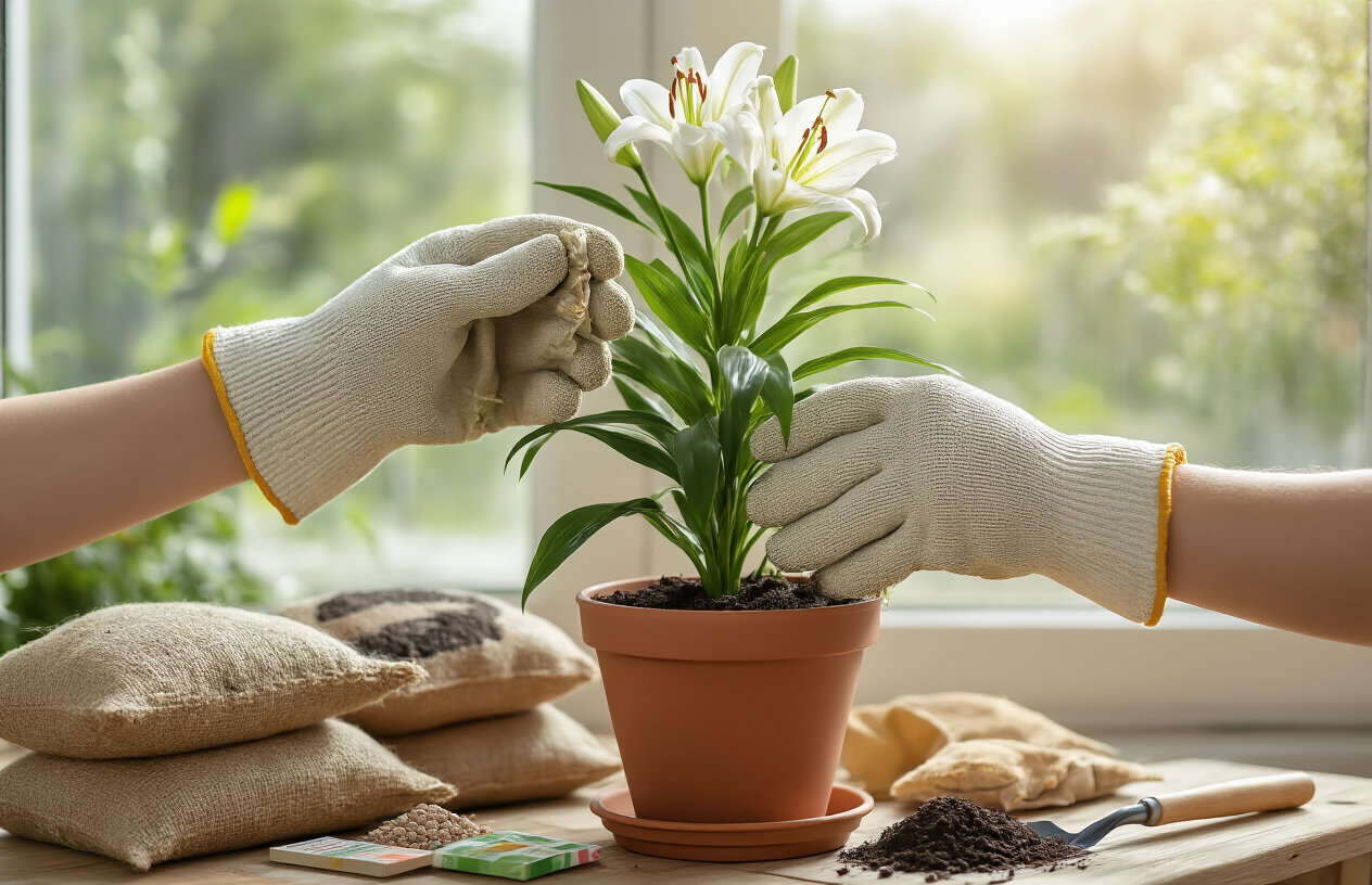 Create a realistic image of hands wearing gardening gloves holding a small bag of fertilizer pellets above a terracotta pot containing a healthy space lily plant with white blooms, surrounded by bags of potting soil, a small garden trowel, and pH testing strips on a wooden potting bench, with soft natural lighting from a nearby window creating gentle shadows, absolutely NO text should be in the scene.