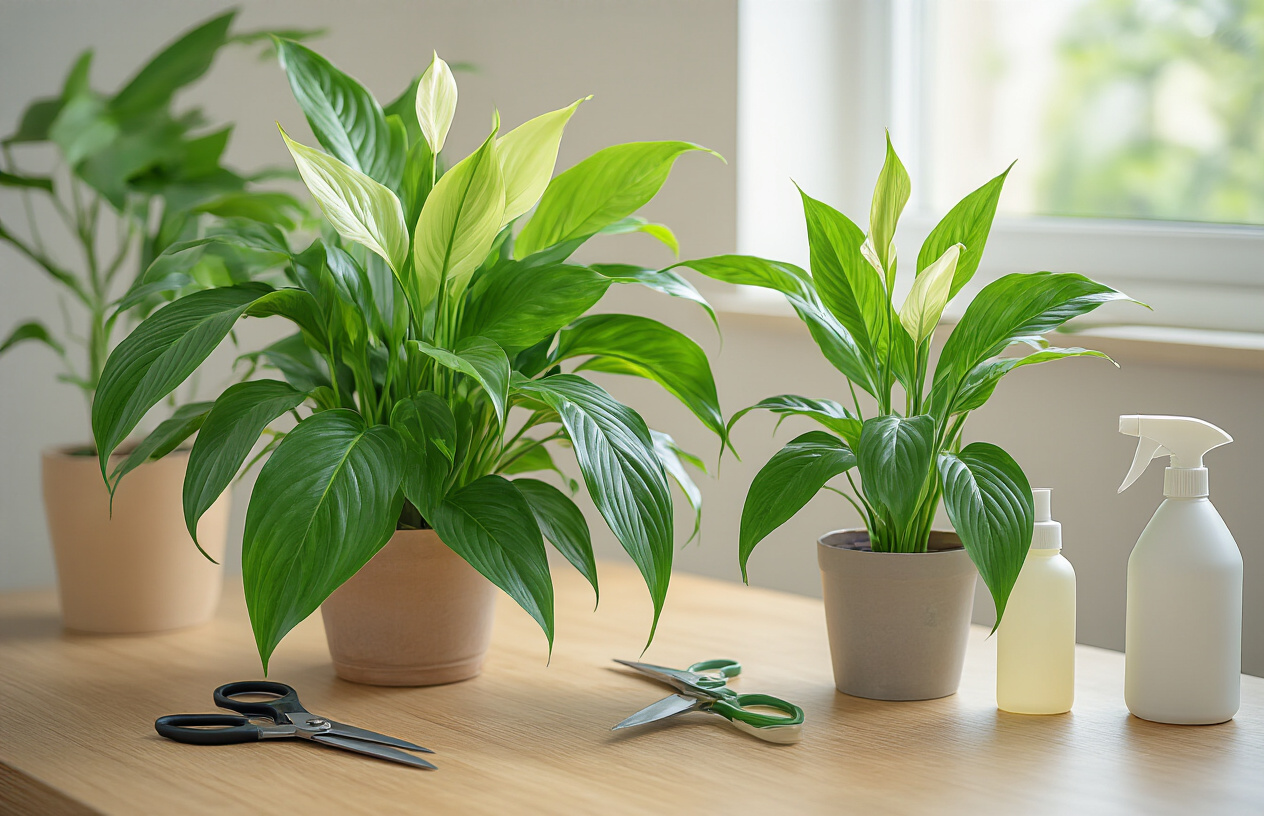 Create a realistic image of a close-up view of Peace Lily plants showing common problems including yellowing leaves, brown leaf tips, wilted drooping foliage, and some healthy green leaves for comparison, arranged on a wooden surface with gardening tools like small scissors and a spray bottle nearby, soft natural lighting from a window, indoor setting with neutral background, absolutely NO text should be in the scene.