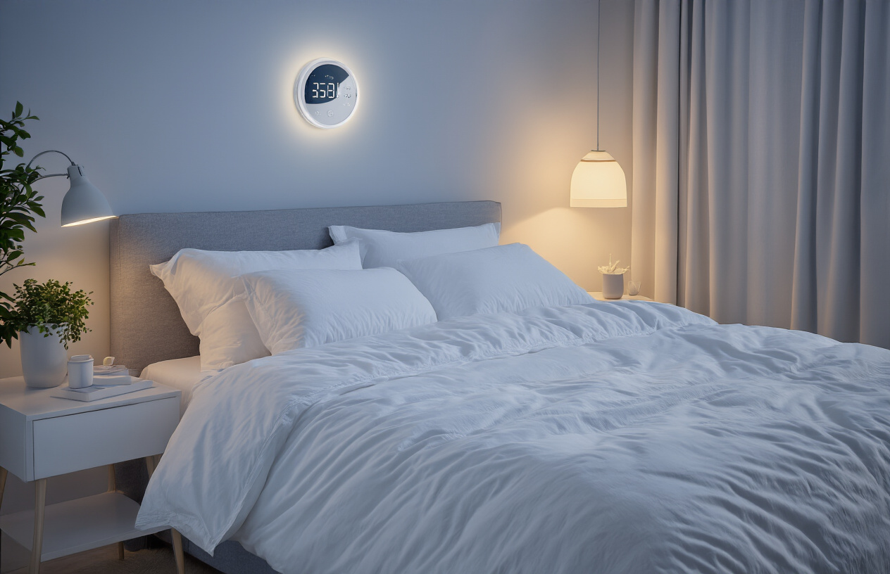 Create a realistic image of a perfectly organized bedroom optimized for sleep with a comfortable bed featuring crisp white linens and fluffy pillows, blackout curtains blocking external light, a digital thermostat on the wall showing an ideal temperature, soft warm ambient lighting from bedside lamps, a small potted plant on the nightstand, and a peaceful, serene atmosphere with cool blue and neutral tones throughout the room. Absolutely NO text should be in the scene.