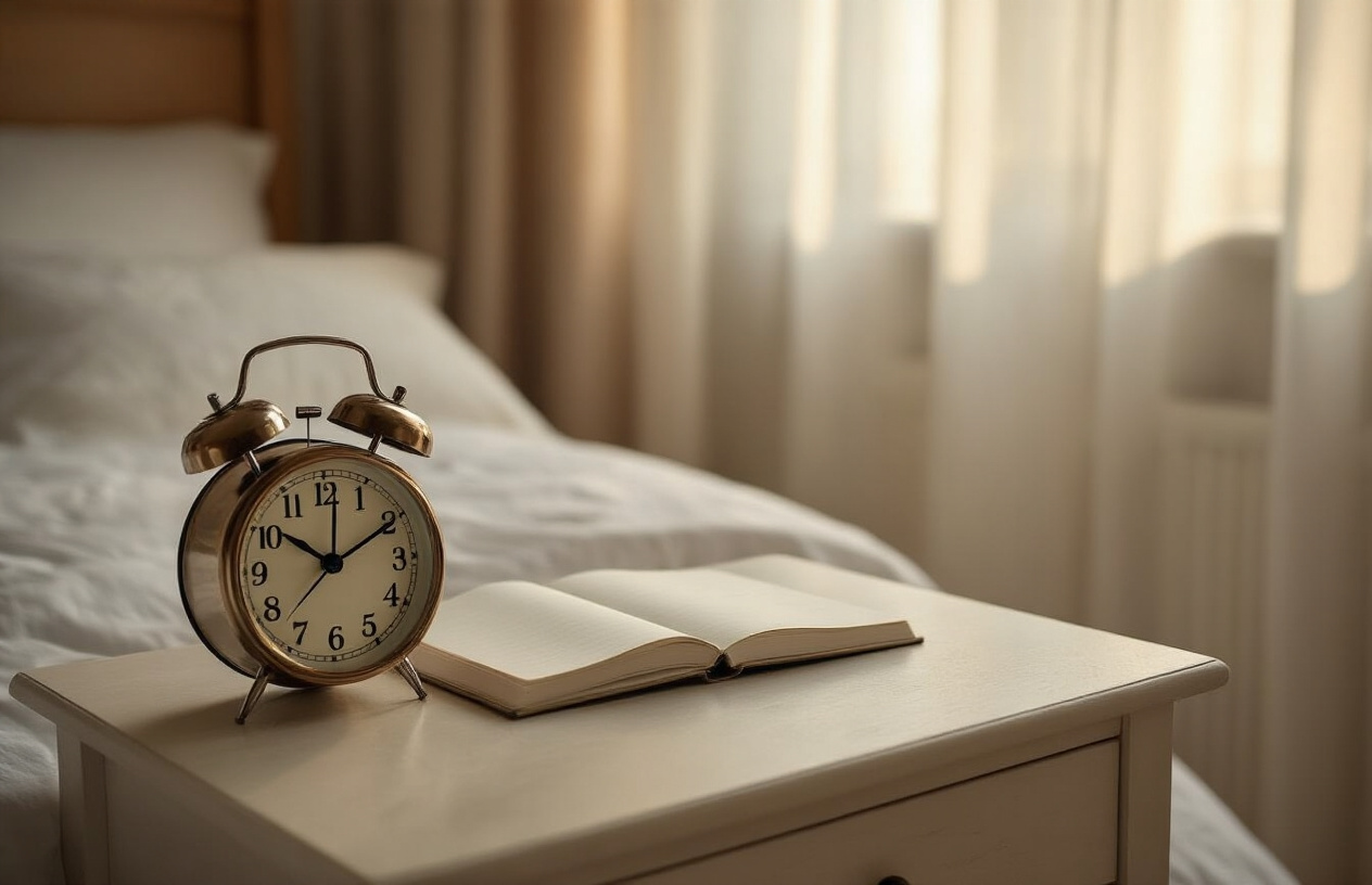 Create a realistic image of a peaceful bedroom scene with a clean bedside table featuring an analog alarm clock showing a consistent time, a neatly made bed with white linens, soft natural lighting filtering through partially closed curtains, a sleep journal or planner open nearby, and a calm atmosphere that suggests routine and organization, with warm neutral tones throughout the room. Absolutely NO text should be in the scene.
