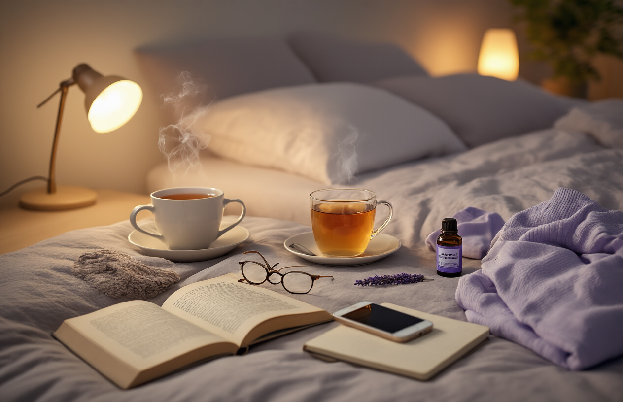 Create a realistic image of a peaceful bedroom scene showing bedtime routine elements arranged on a nightstand and bed, including a cup of herbal tea steaming gently, an open book with reading glasses, a smartphone in airplane mode, soft dim warm lighting from a bedside lamp, cozy pajamas folded neatly, a journal with a pen, lavender essential oil bottle, and a comfortable bed with turned-down covers in a serene bedroom setting with muted colors and calming atmosphere, absolutely NO text should be in the scene.