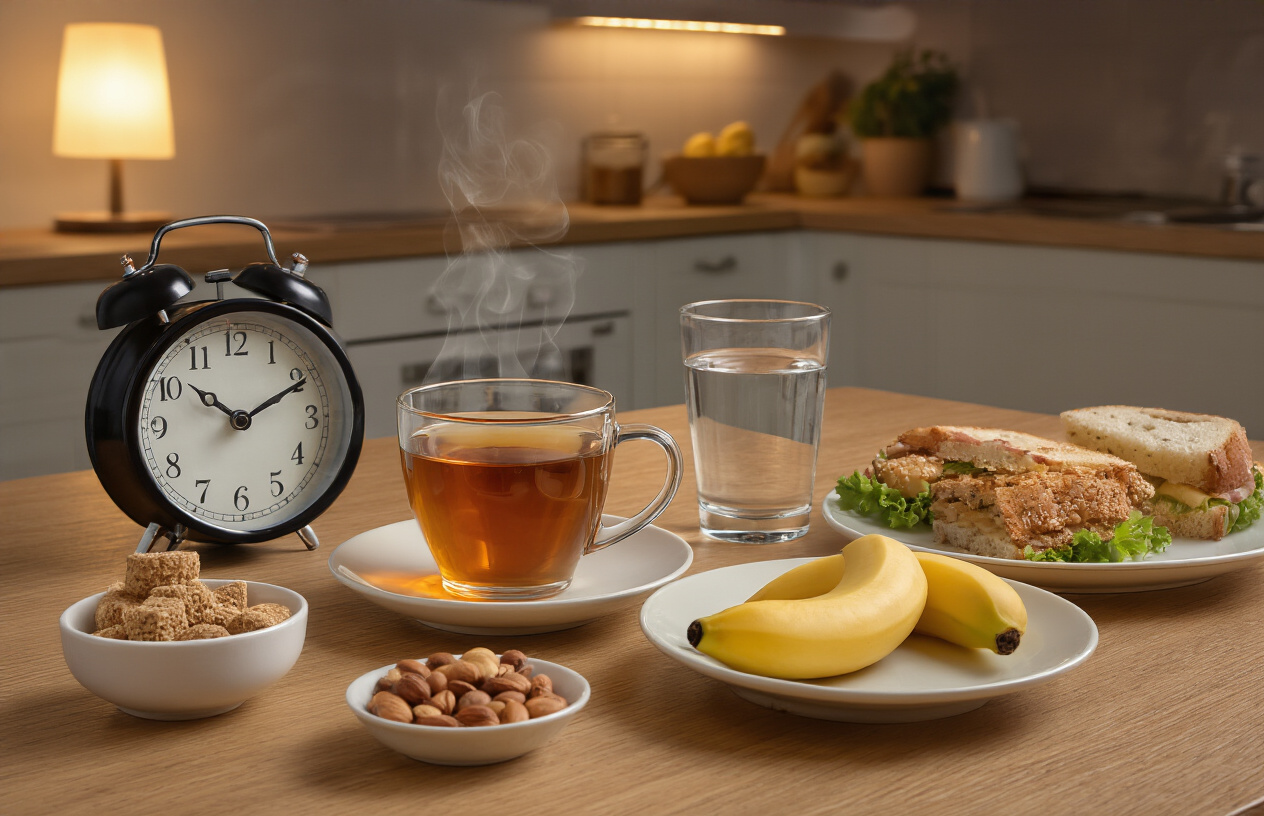 Create a realistic image of a kitchen counter or dining table displaying a strategic arrangement of food and beverages timed for better sleep, featuring a clock showing evening time, a glass of herbal tea steaming gently, a small plate with light healthy snacks like nuts or a banana, a glass of water, and some foods to avoid late at night like coffee cup and heavy meal pushed to one side, all arranged on a clean wooden surface with warm ambient lighting from a table lamp, creating a cozy evening atmosphere that suggests mindful timing of food and drink intake for optimal sleep, absolutely NO text should be in the scene.