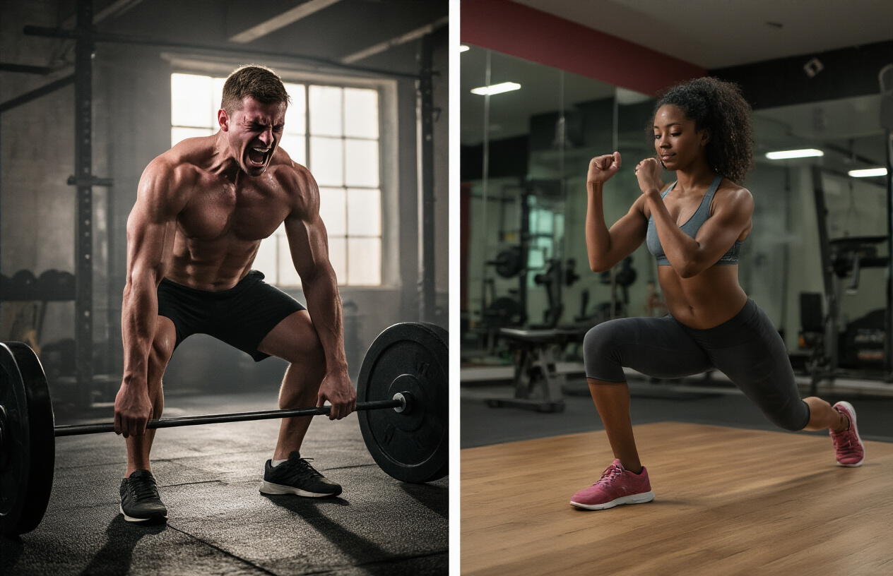 Create a realistic image of a split scene showing two contrasting workout scenarios: on the left, a stressed white male grimacing in pain while lifting heavy weights with poor form in a dimly lit gym, and on the right, a content black female performing controlled exercises with proper technique in a well-lit, bright fitness environment, with gym equipment, mirrors, and motivational atmosphere in the background, emphasizing the difference between harmful pain and effective training. Absolutely NO text should be in the scene.