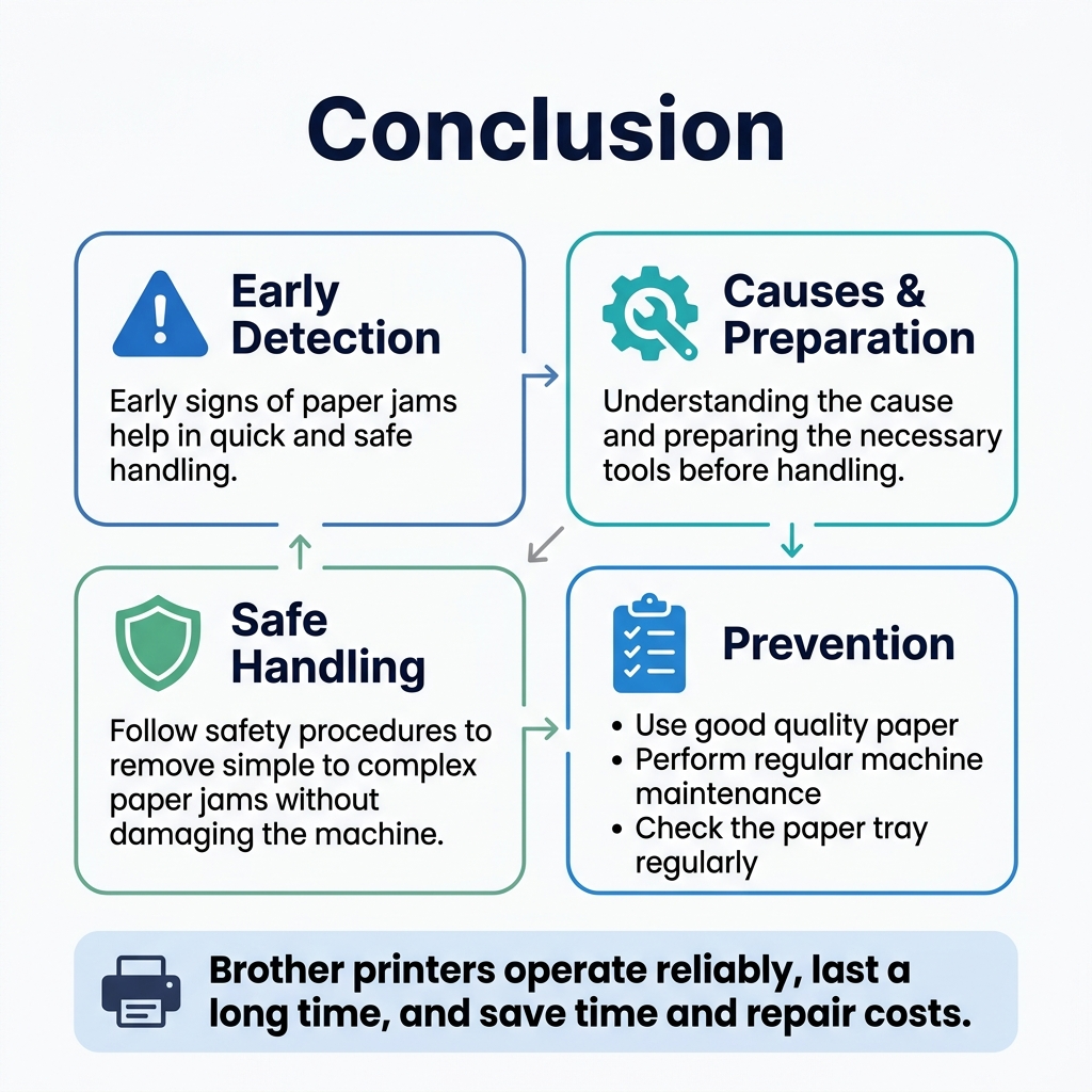 Square 1:1 infographic, full-bleed clean professional layout, white background with blue, teal, and gray accents, modern sans-serif fonts, bold hierarchy, no frame, no inset margins.

Top center large bold title in dark navy: "Conclusion"

Below the title, a wide horizontal 2-column layout with four clear rounded-corner info blocks and simple flat icons:

Left top block with a blue warning triangle icon and heading text: "Nhận biết sớm"
Small body text: "Dấu hiệu kẹt giấy xuất hiện sớm giúp xử lý nhanh và an toàn."

Right top block with a teal gear-and-tool icon and heading text: "Nguyên nhân & Chuẩn bị"
Small body text: "Hiểu rõ nguyên nhân, chuẩn bị đủ công cụ cần thiết trước khi xử lý."

Left bottom block with a green shield icon and heading text: "An toàn khi xử lý"
Small body text: "Tuân thủ biện pháp an toàn để gỡ giấy đơn giản đến phức tạp mà không làm hư hại máy."

Right bottom block with a blue checklist icon and heading text: "Phòng ngừa"
Small body text in 3 short bullet points:
"• Dùng giấy chất lượng tốt"
"• Bảo dưỡng máy định kỳ"
"• Kiểm tra khay giấy thường xuyên"

Along the bottom center, a wide highlighted banner with a small printer icon and bold text: "Máy in Brother hoạt động ổn định, bền lâu, tiết kiệm thời gian và chi phí sửa chữa."

Use subtle arrows and separator lines to connect the blocks in a logical flow, with balanced spacing, strong visual hierarchy, crisp iconography, and a polished corporate infographic style.