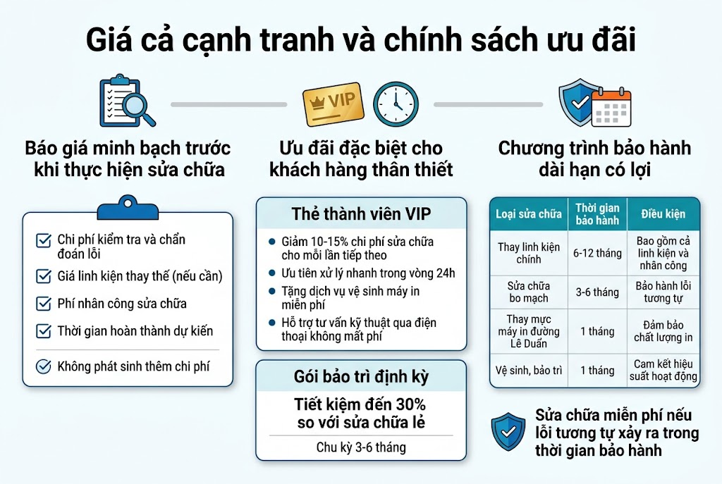 Create a clean, professional full-bleed infographic illustration in aspect ratio 3:2, using a modern corporate style with white background, blue and teal accents, orange highlight, subtle gray dividers, sans-serif bold fonts, and strong visual hierarchy. Place a large bold title at the top center: "Giá cả cạnh tranh và chính sách ưu đãi".Below the title, divide the layout into 3 wide horizontal sections or 3 main columns, each with a distinct icon and clear header.

LEFT SECTION: a blue clipboard and magnifying glass icon. Header text: "Báo giá minh bạch trước khi thực hiện sửa chữa". Under it, show a compact checklist in a neat box with 4 bullet points:
- "Chi phí kiểm tra và chẩn đoán lỗi"
- "Giá linh kiện thay thế (nếu cần)"
- "Phí nhân công sửa chữa"
- "Thời gian hoàn thành dự kiến"
Add a small note with a checkmark icon: "Không phát sinh thêm chi phí"

CENTER SECTION: a gold VIP card icon and a clock icon. Header text: "Ưu đãi đặc biệt cho khách hàng thân thiết". Show two stacked highlight cards:
1) Card titled "Thẻ thành viên VIP" with 4 bullet points:
- "Giảm 10-15% chi phí sửa chữa cho mỗi lần tiếp theo"
- "Ưu tiên xử lý nhanh trong vòng 24h"
- "Tặng dịch vụ vệ sinh máy in miễn phí"
- "Hỗ trợ tư vấn kỹ thuật qua điện thoại không mất phí"
2) Card titled "Gói bảo trì định kỳ" with one bold line: "Tiết kiệm đến 30% so với sửa chữa lẻ" and a smaller line: "Chu kỳ 3-6 tháng"

RIGHT SECTION: a shield and calendar icon. Header text: "Chương trình bảo hành dài hạn có lợi". Display a clean table-style block with 4 rows and visible column headers:
"Loại sửa chữa" | "Thời gian bảo hành" | "Điều kiện"
Rows:
- "Thay linh kiện chính" | "6-12 tháng" | "Bao gồm cả linh kiện và nhân công"
- "Sửa chữa bo mạch" | "3-6 tháng" | "Bảo hành lỗi tương tự"
- "Thay mực máy in đường Lê Duẩn" | "1 tháng" | "Đảm bảo chất lượng in"
- "Vệ sinh, bảo trì" | "1 tháng" | "Cam kết hiệu suất hoạt động"
Add a final bold callout at the bottom right with a shield icon: "Sửa chữa miễn phí nếu lỗi tương tự xảy ra trong thời gian bảo hành"

Use clean spacing, rounded rectangles for each content block, simple line icons, and subtle shadows. Keep the layout balanced and wide, with all text clearly legible and aligned.